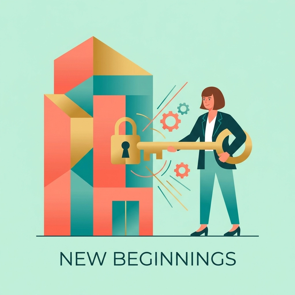 Confident woman unlocking new office space, symbolizing Mediafy's ownership and creative web design in Chattanooga