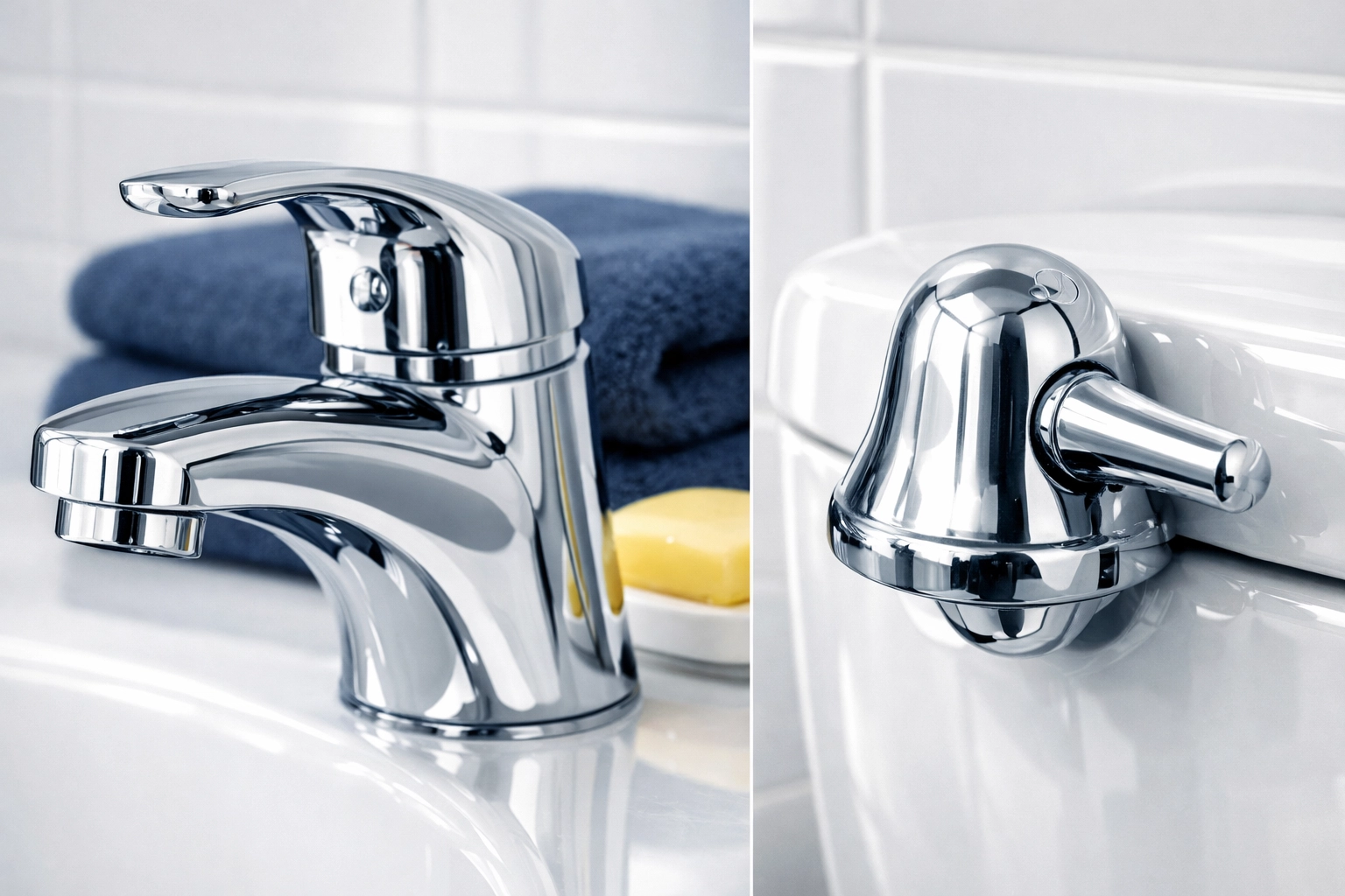 Polished chrome bathroom faucet and sparkling toilet flush handle after a professional deep clean.