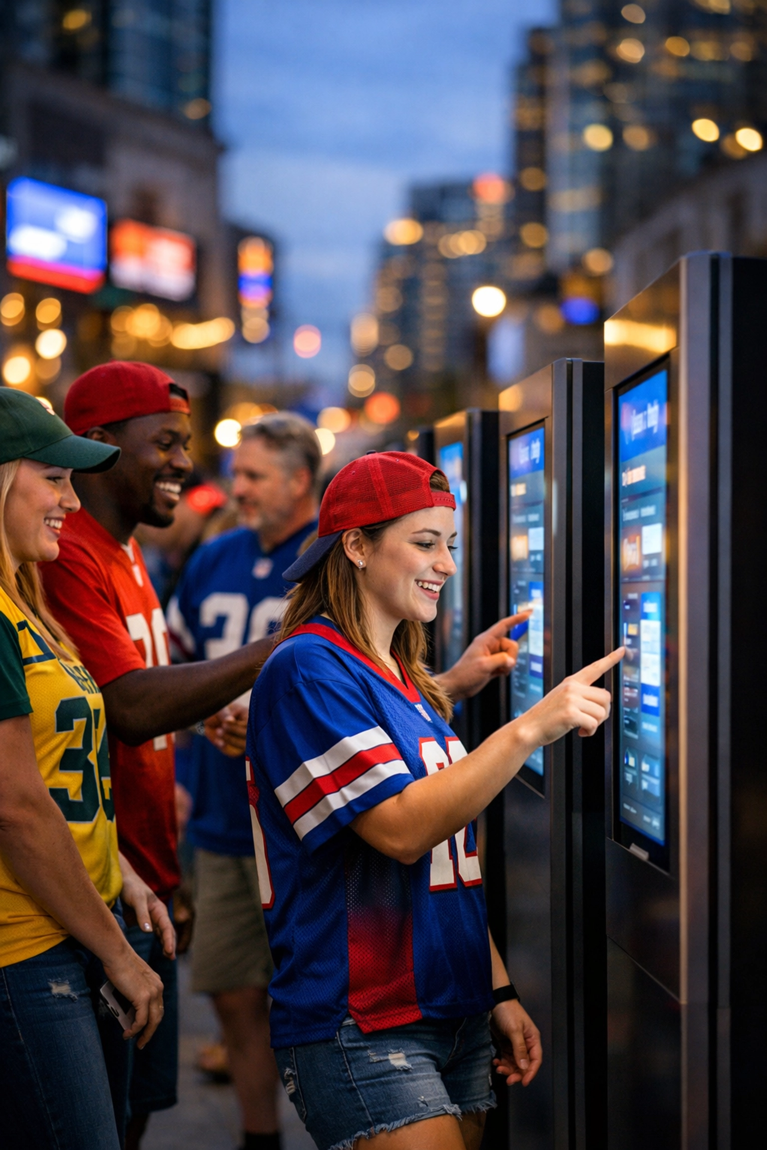 Sports fans engaging with interactive digital kiosks in a metropolitan plaza during a game.