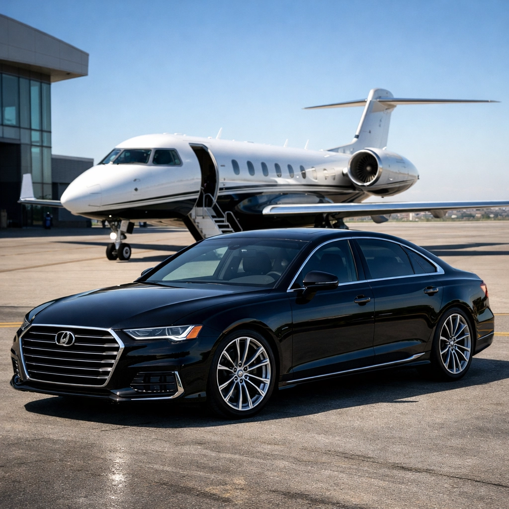 Luxury executive sedan and private jet for elite Super Bowl corporate travel logistics.