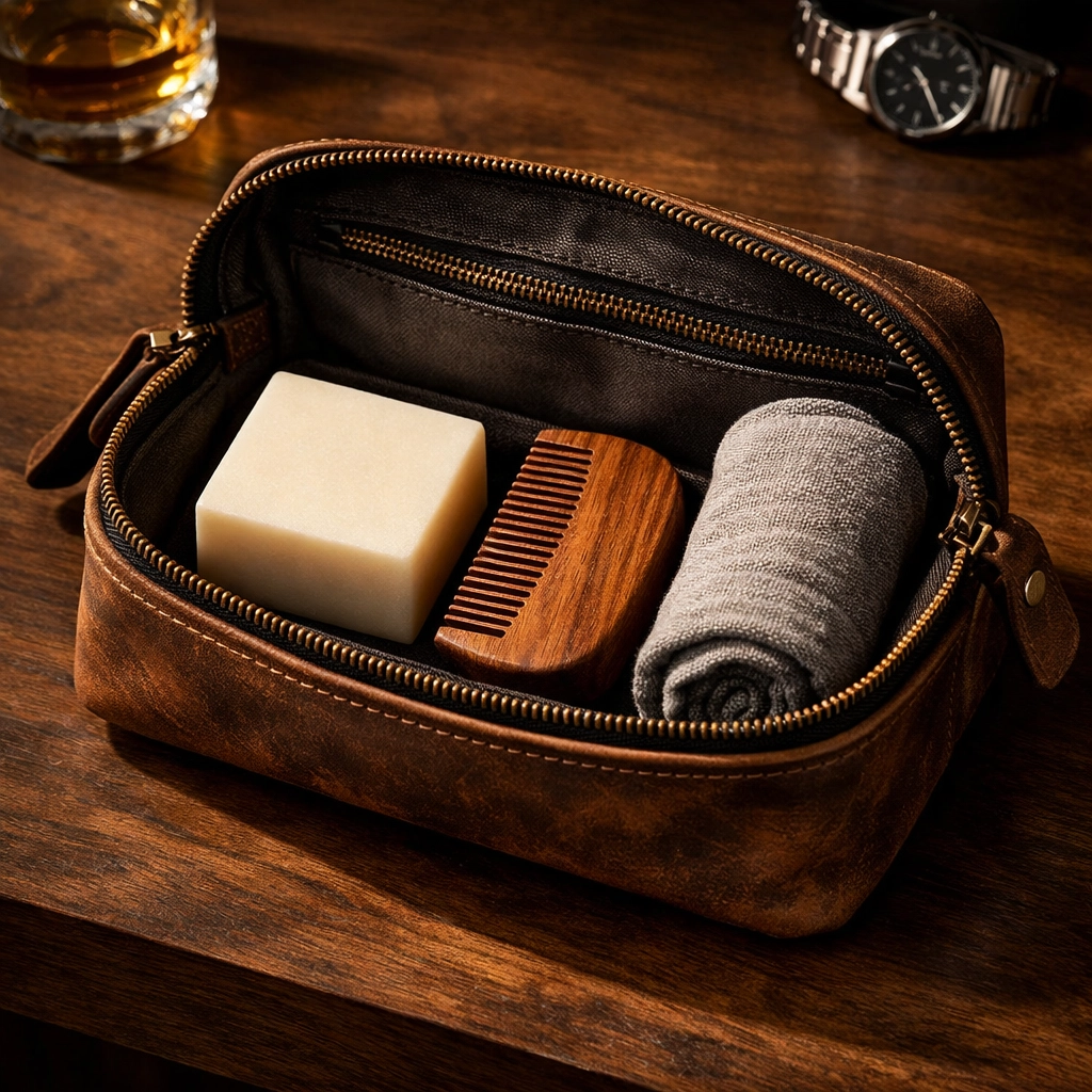 Solid beard wash bar and wooden comb inside a leather travel dopp kit.