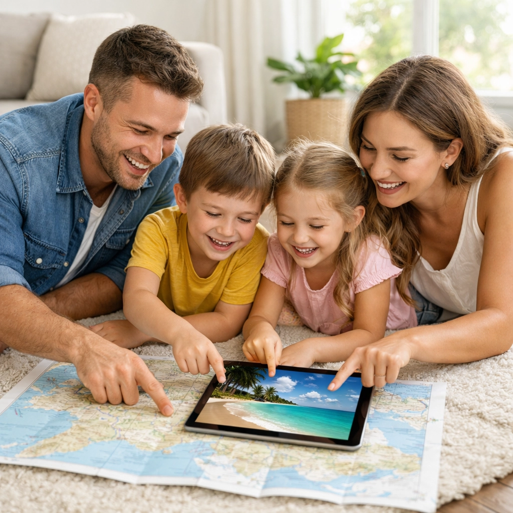 A family planning a fun vacation together using a travel map and tablet.