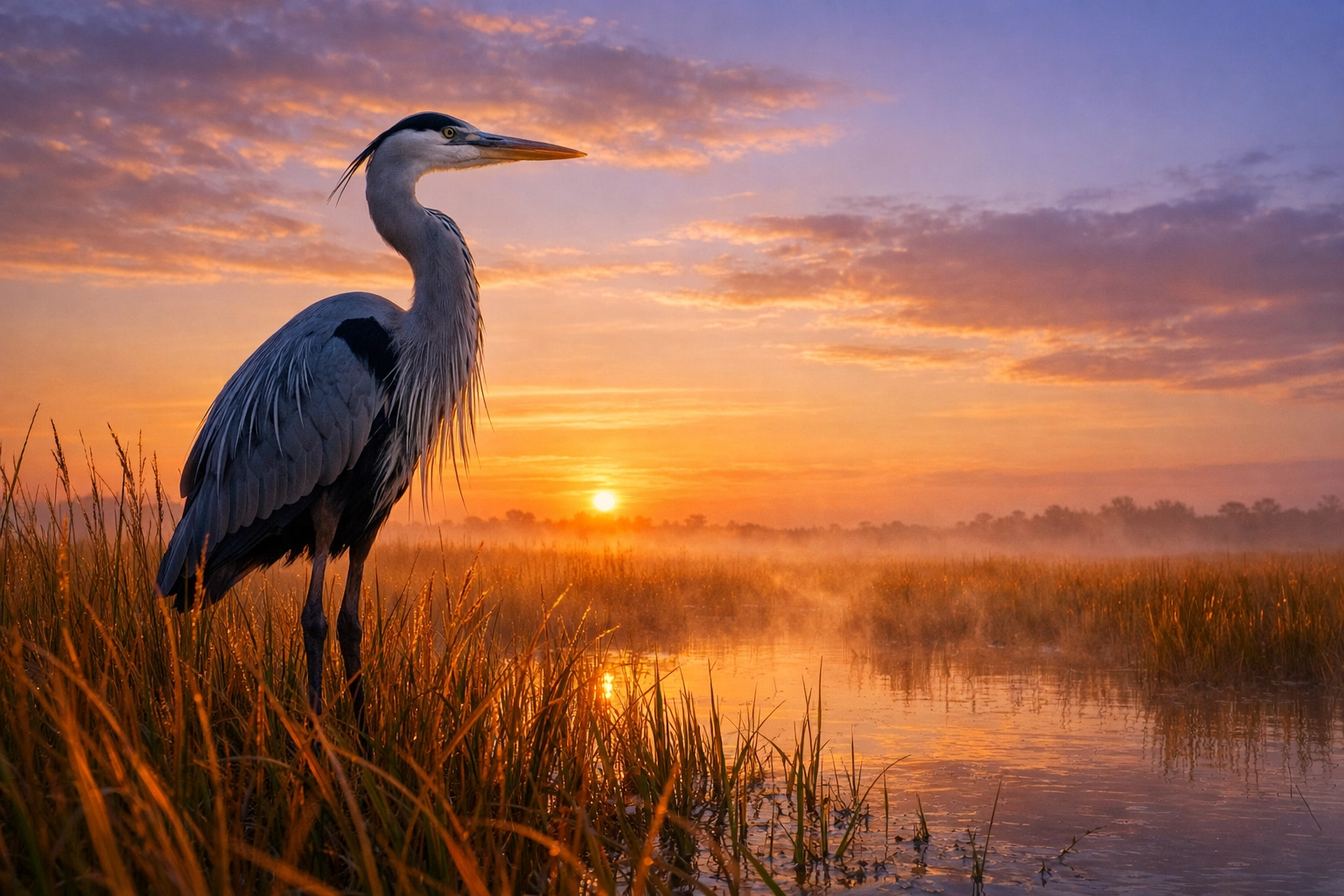 Great Blue Heron standing in Everglades sawgrass at sunrise, a top spot for wildlife photography.