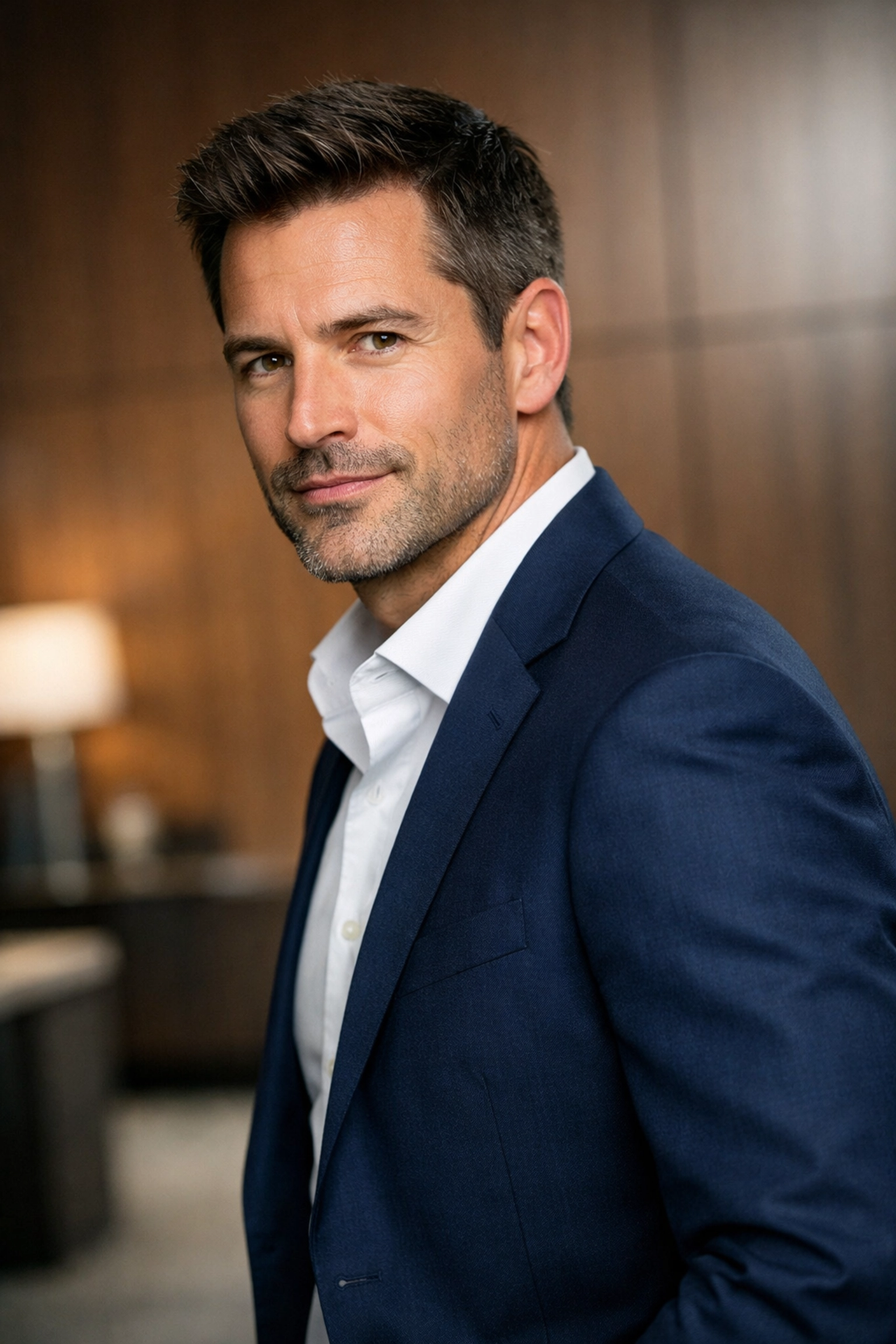 Male executive demonstrating professional corporate headshot tips with an angled shoulder pose.