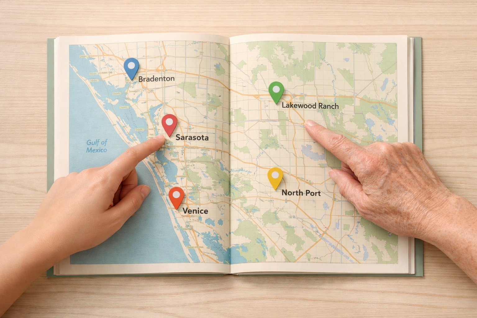 Map showing senior living communities in Sarasota, Bradenton, Venice, and Lakewood Ranch