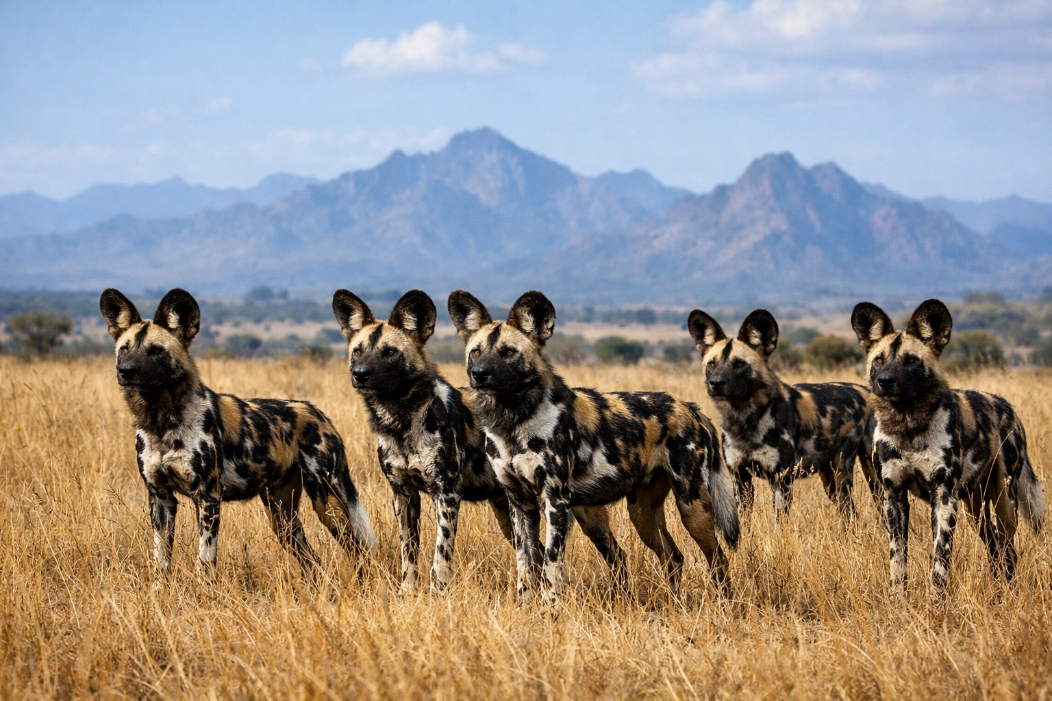 A pack of African Painted Dogs in the savannah, highlighting the successful return of species to native habitats.