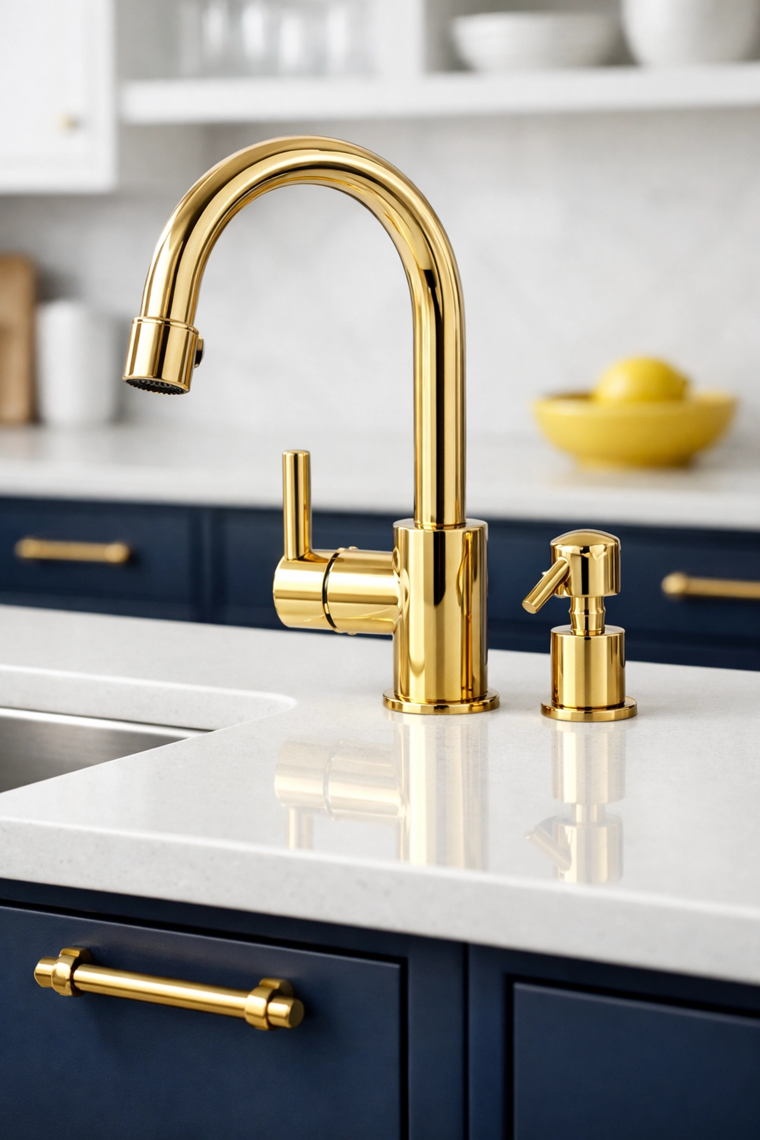 Polished brass fixtures on a clean quartz island, showcasing Sherborn luxury cleaning secrets for high-touch surfaces.