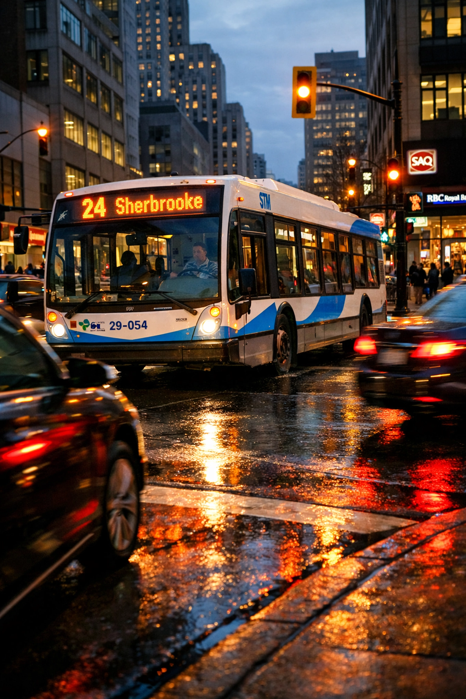A blue and white STM bus driving through a rainy Montreal downtown intersection at dusk.