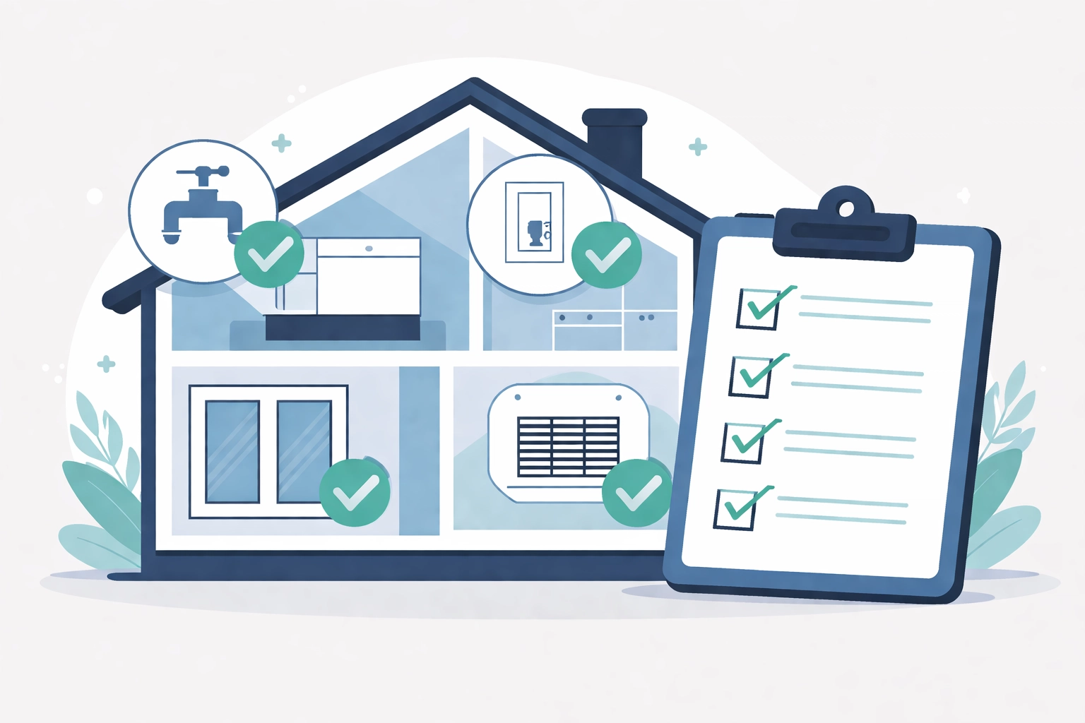 Vector image of a house being inspected with checkmarks at key points, emphasizing Section 8 rental compliance systems.