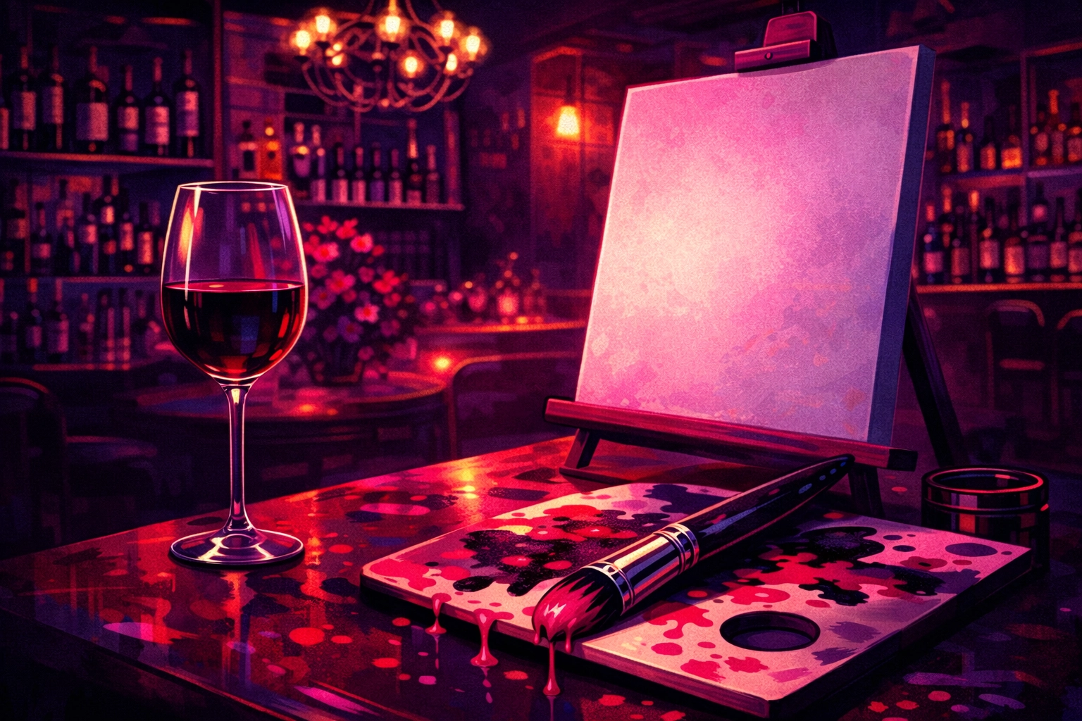 Artist paintbrush and wine glass at a moody paint and sip night in Fort Lauderdale