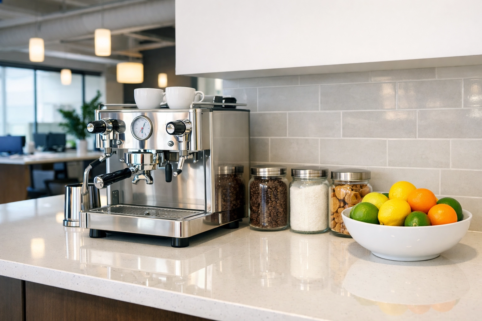 Sparkling clean office breakroom kitchenette with sanitized surfaces and organized amenities.