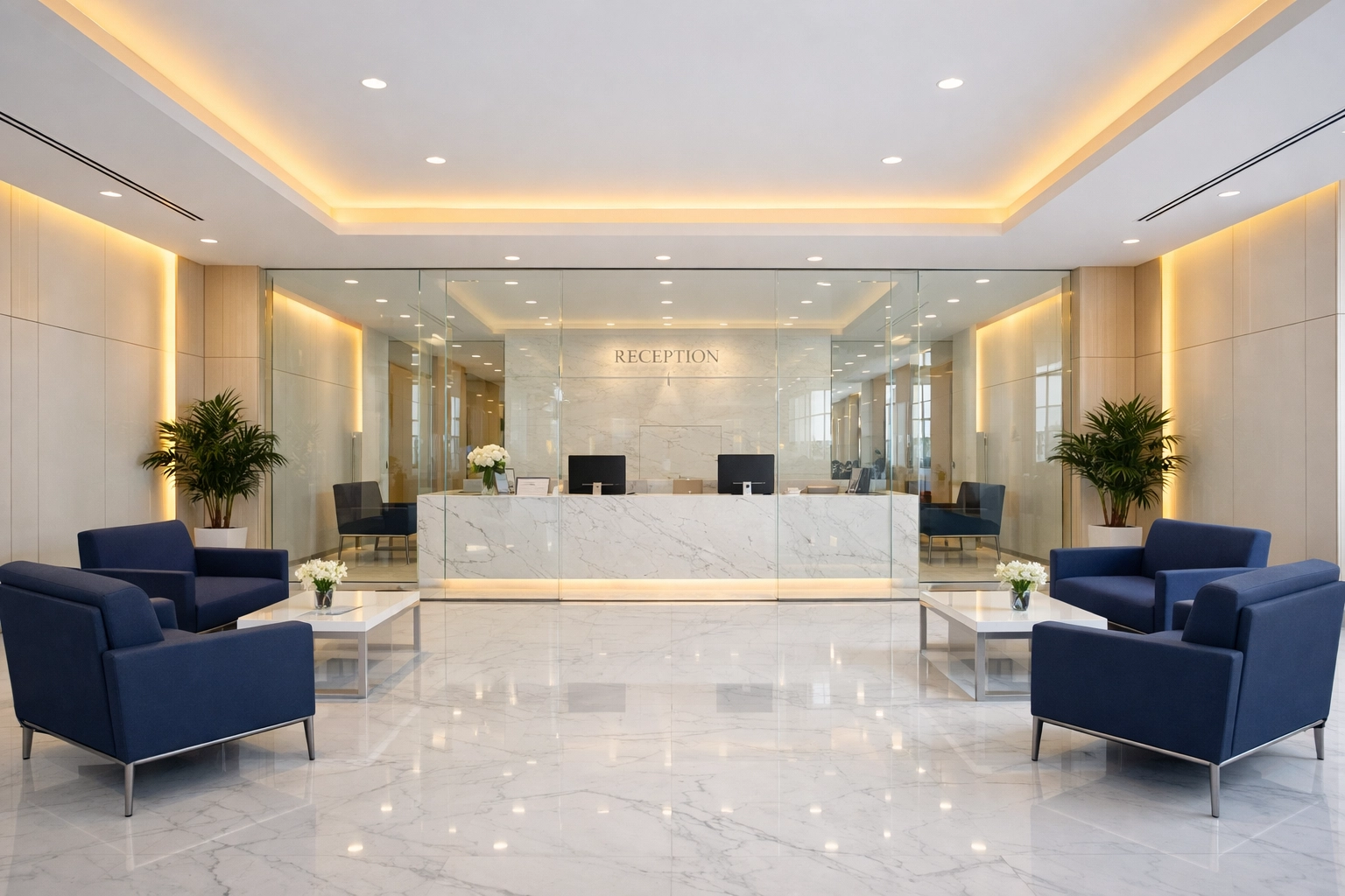 Pristine, sanitized medical lobby in Beverly, MA, representing professional healthcare cleaning standards.