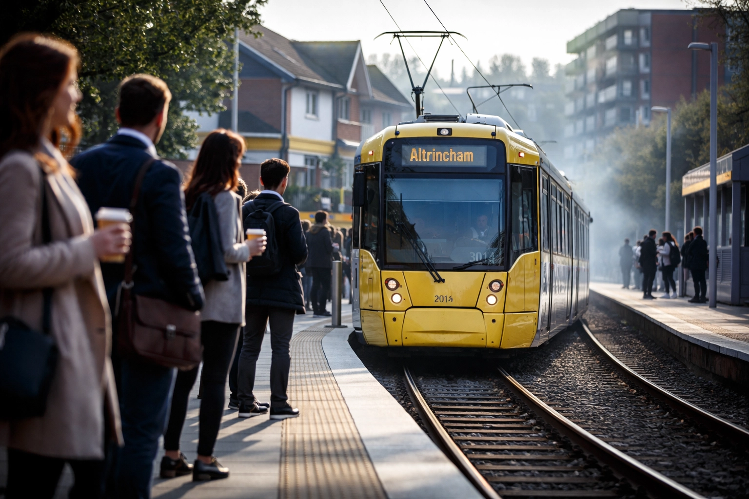Metrolink tram arriving at a Chadderton station with commuters, illustrating Oldham’s strong transport links for property investors.