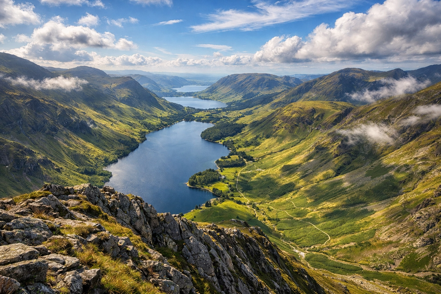 Panoramic views from high fell ridge on guided walks Lake District above Buttermere