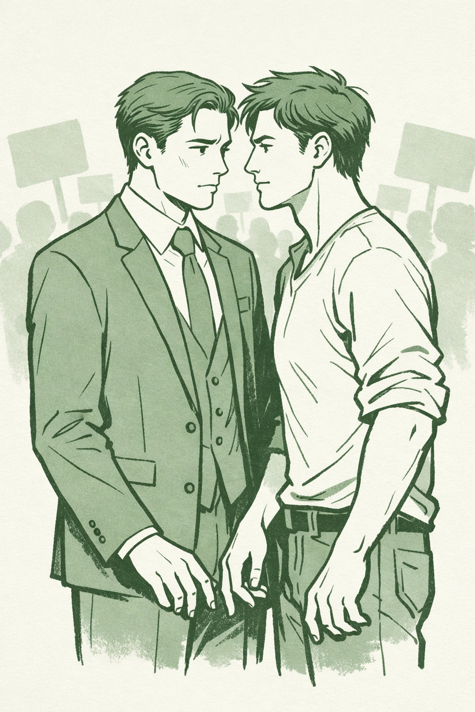 Two men at political rally showing forbidden attraction in MM romance novel setting