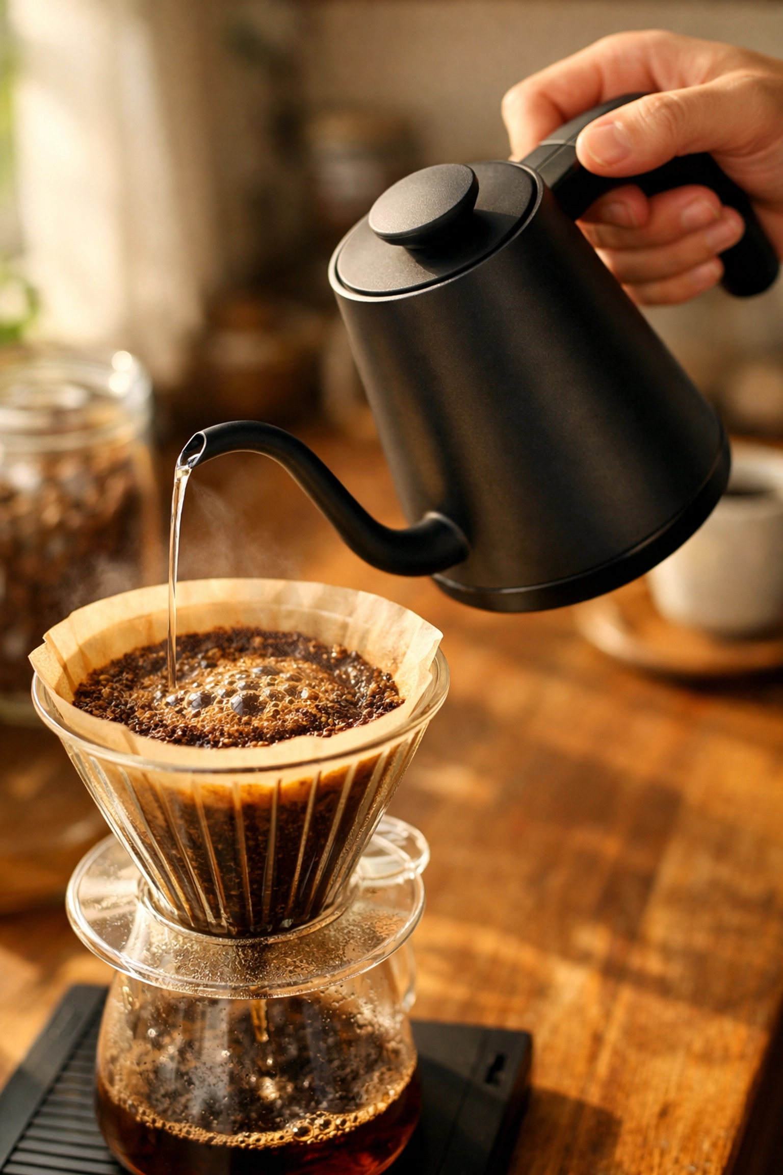 Pouring water from a gooseneck kettle for a coffee bloom during home pour-over brewing.