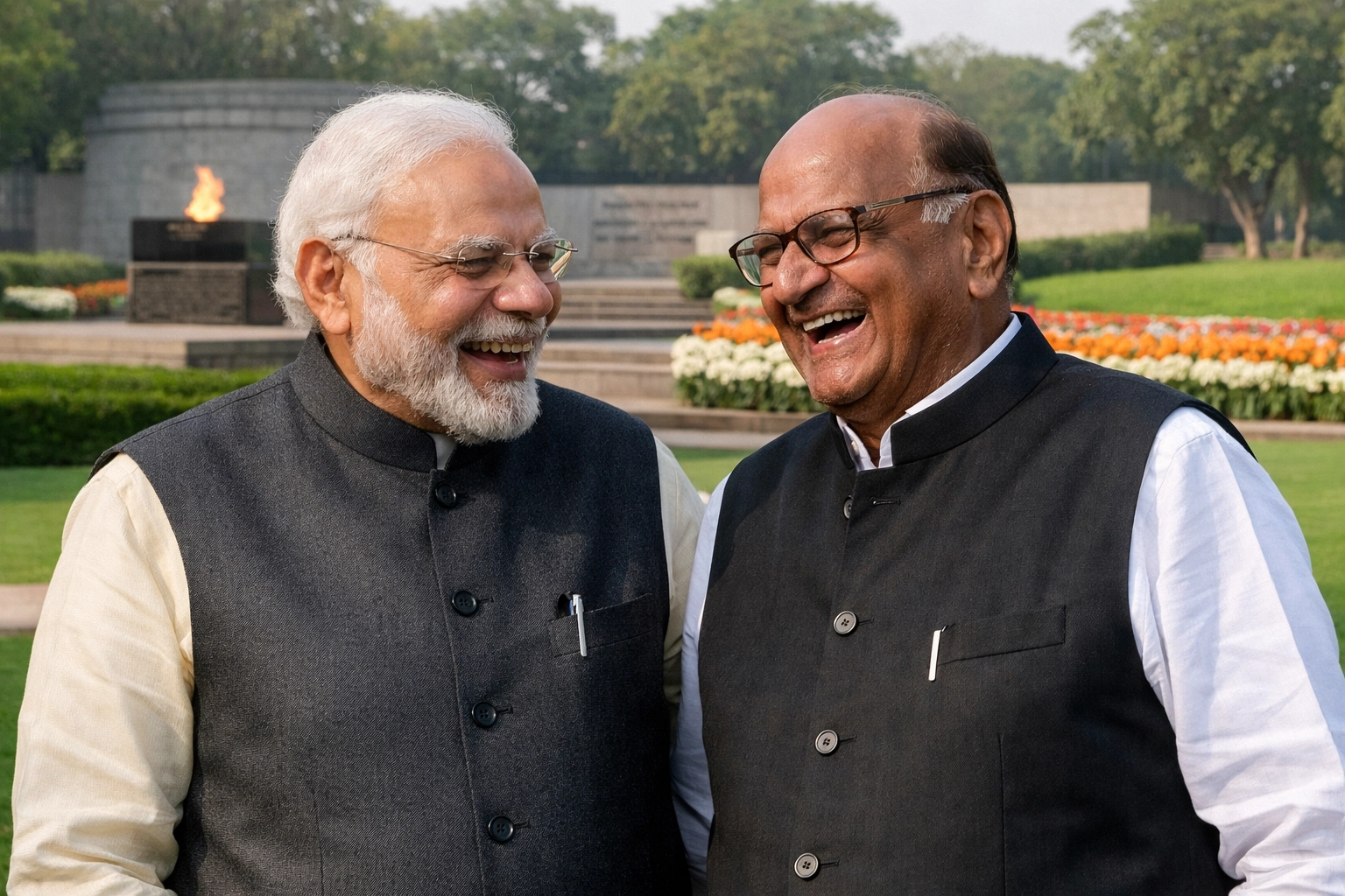 Indian political leaders sharing a laugh at Prerna Sthal during Ambedkar Jayanti 2026 celebrations.