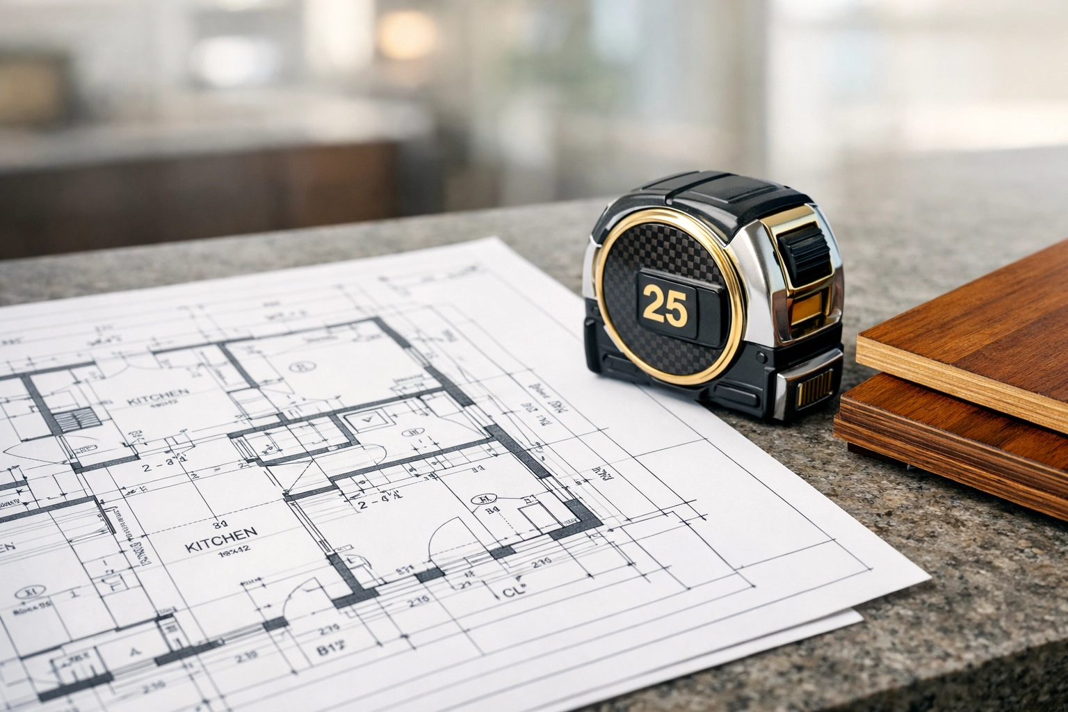 Detailed architectural blueprints and flooring samples for a precise home remodeling project in Orlando.