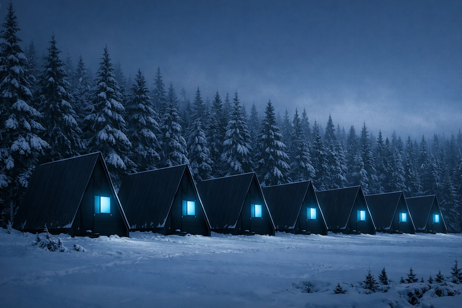 Synchronized blue lights in a forest representing a botnet network of hijacked zombie computers.