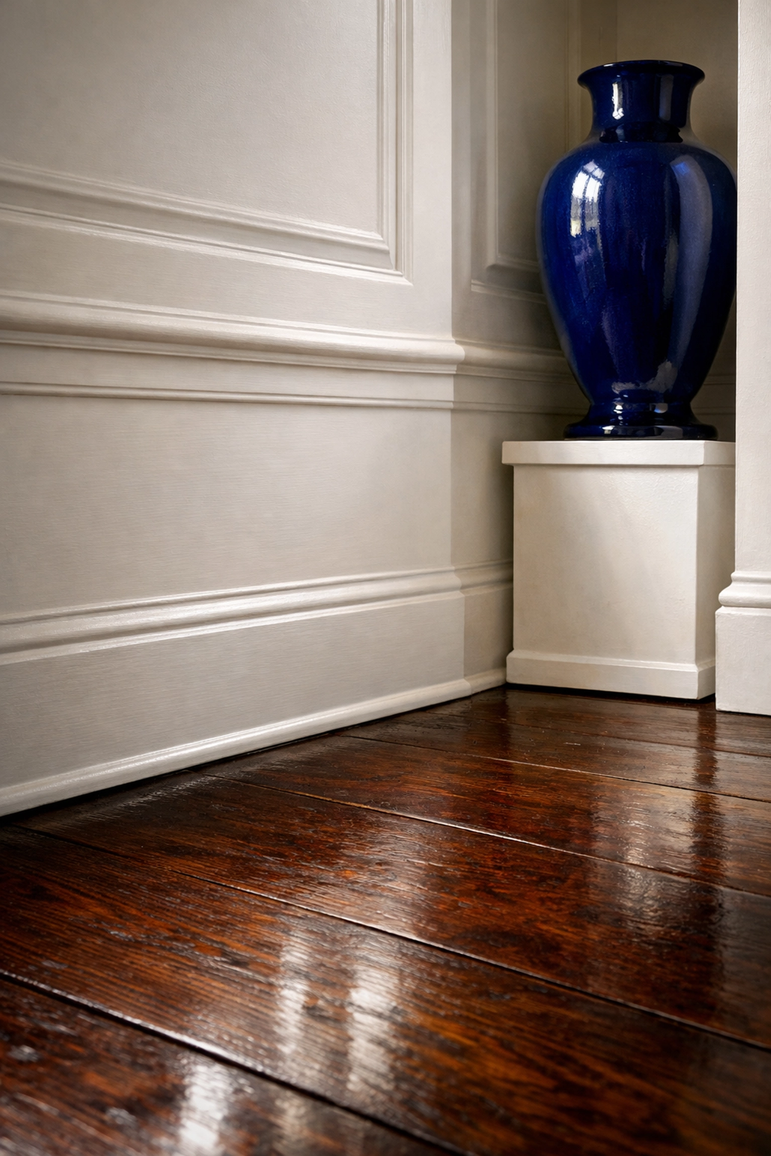 Restored historic Concord home featuring polished antique wood floors and pristine white wainscoting.
