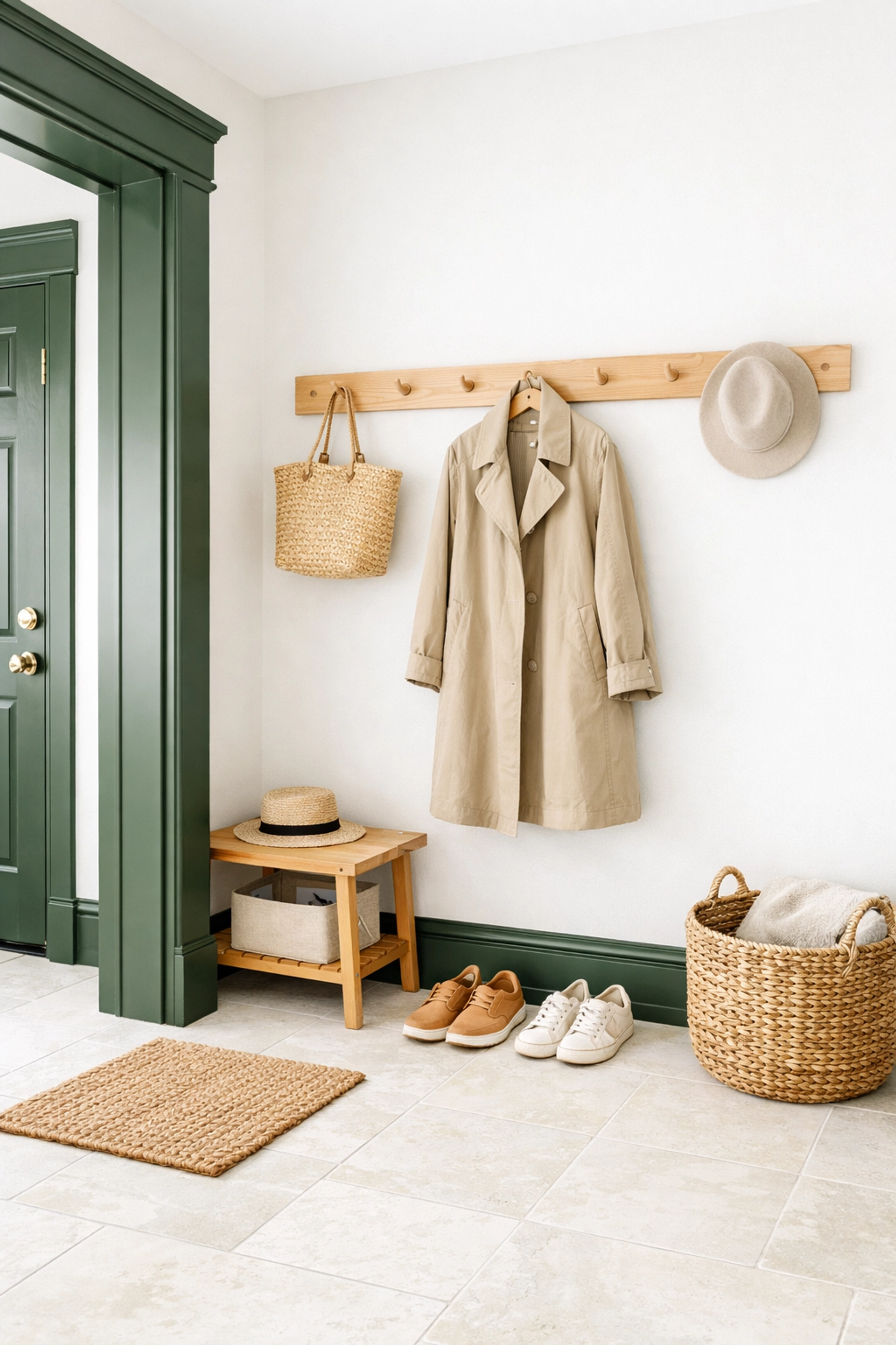 Dark forest green woodwork and door frame in a bright entryway, perfect for Gloucestershire homes.