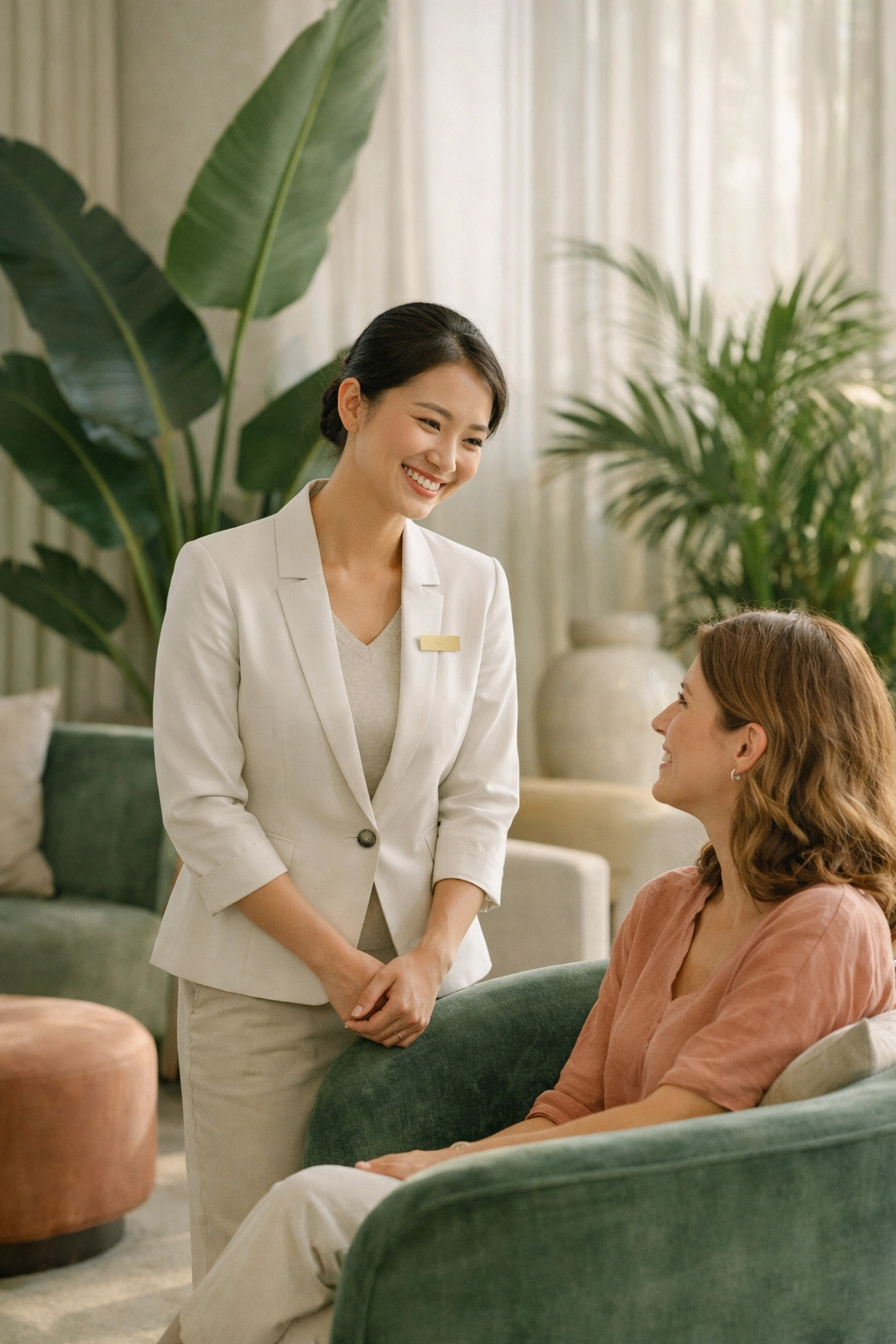 Hospitality staff providing personalized service to a guest in a bright, modern hotel lobby.