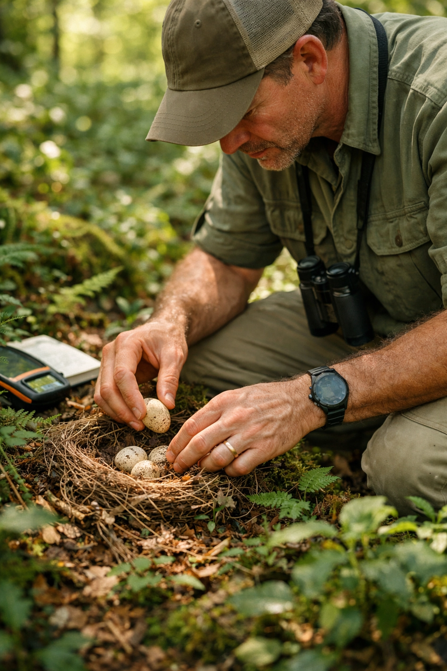Wildlife conservationist conducting field research in a forest, illustrating mission-driven marketing values.