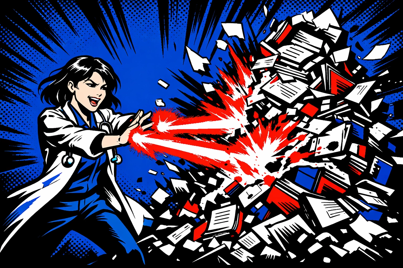 Comic illustration of a doctor destroying paperwork with energy beams for medical practice automation.