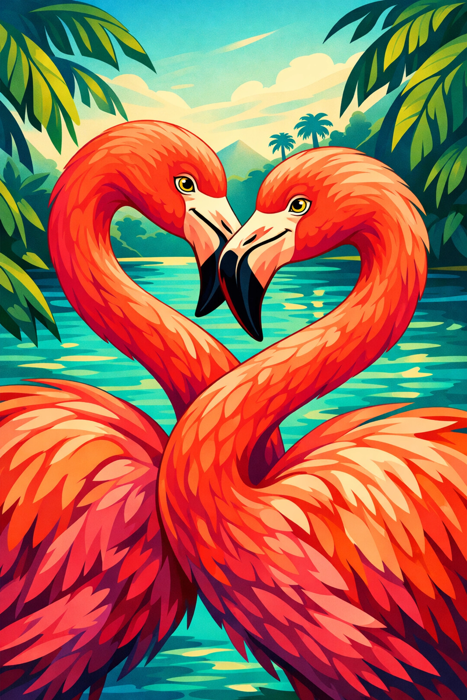 A pair of male flamingos intertwined in a tropical lagoon, highlighting queer partnerships in nature.