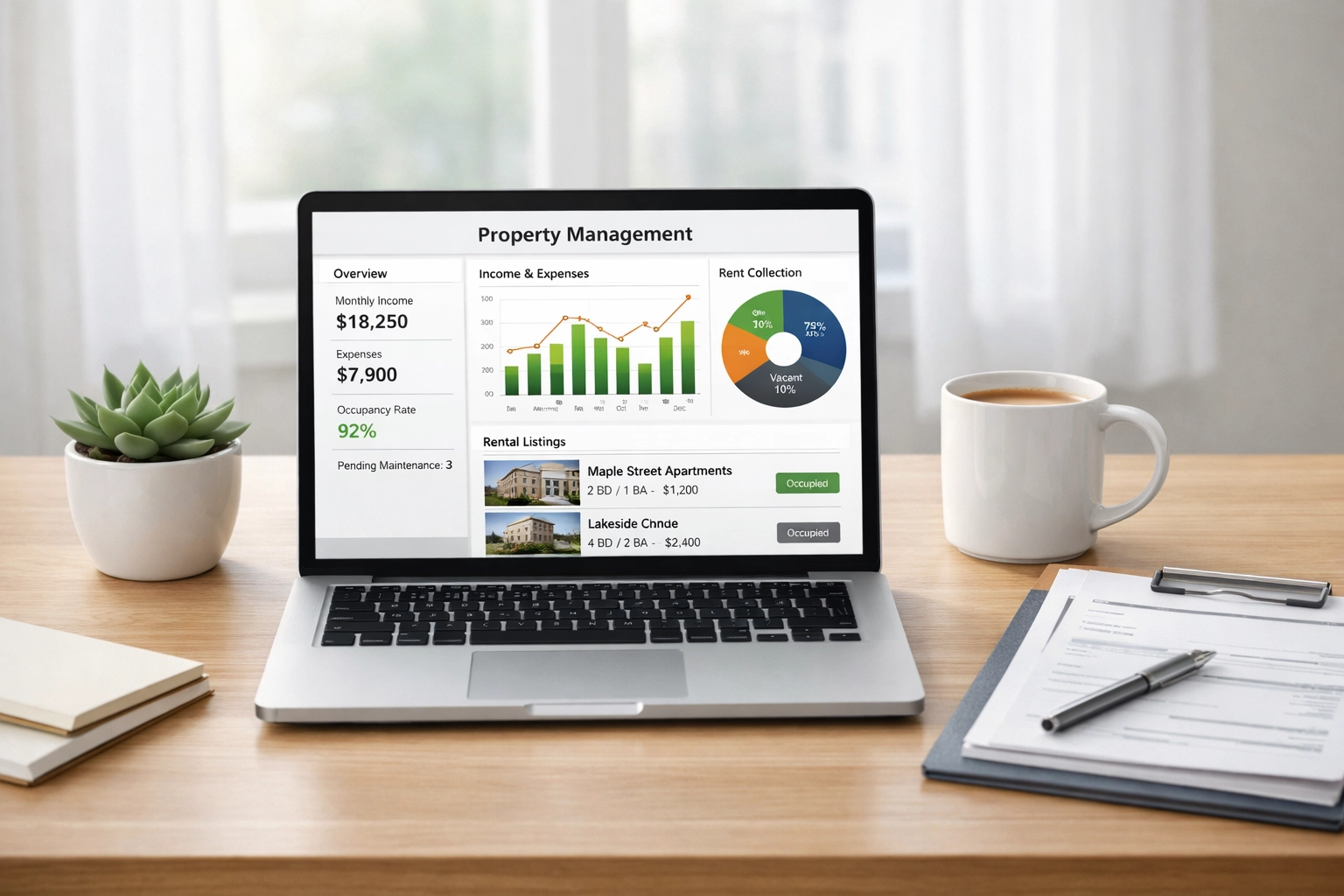 Property management dashboard displaying rental listings and financial reports on laptop