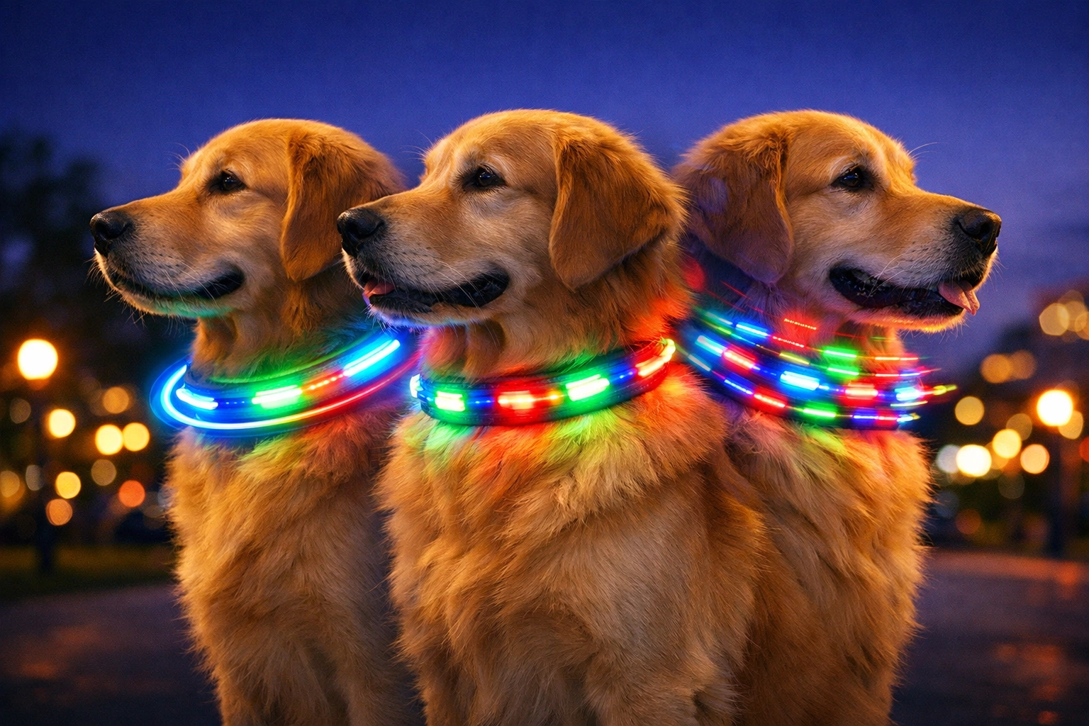 Golden retriever wearing multi-color LED collar showing different flashing modes at dusk for pet safety