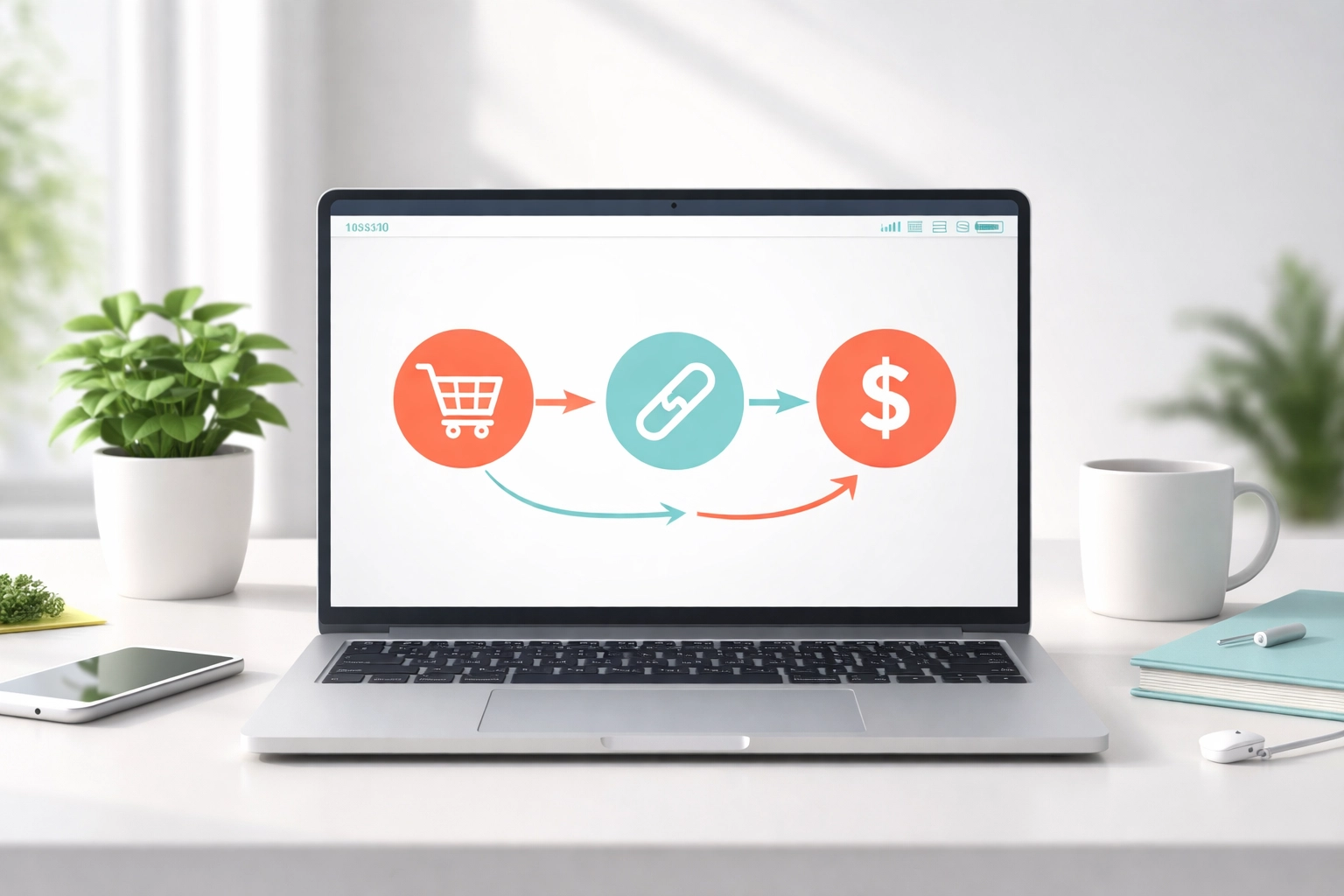 Laptop on clean desk with affiliate marketing flowchart illustrating simplified digital promotion process