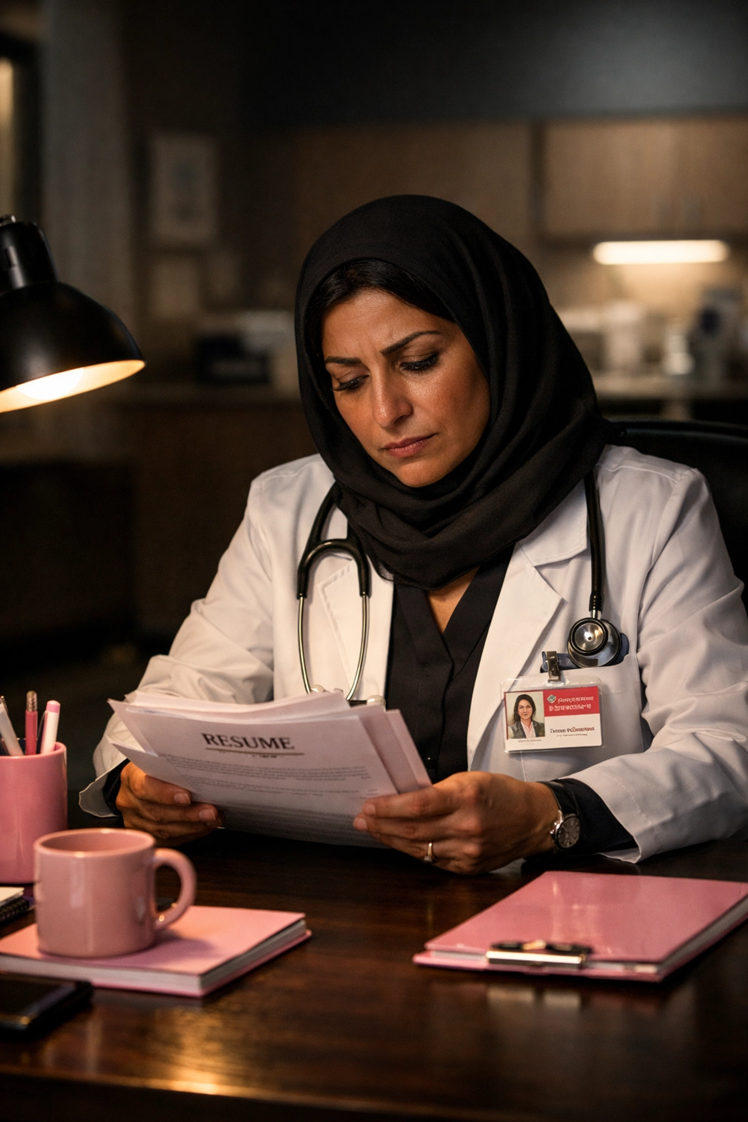 Weary Director of Nursing reviewing job applications at her desk, highlighting the pressure of nursing home staffing.