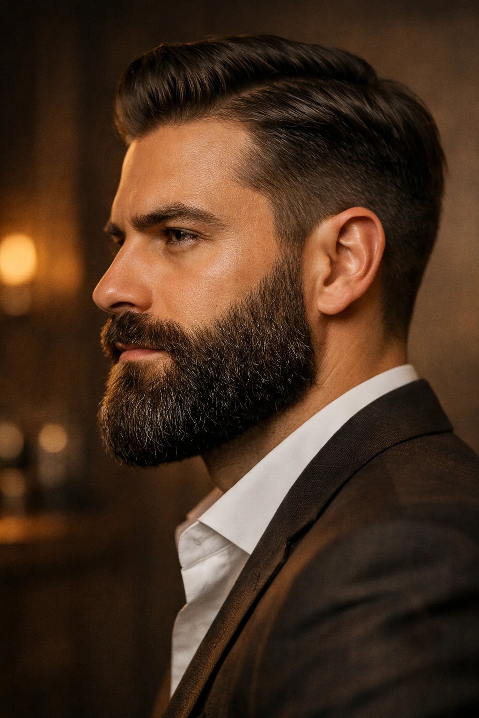 Man with a healthy, well-groomed beard showing a natural sheen from using quality oil.