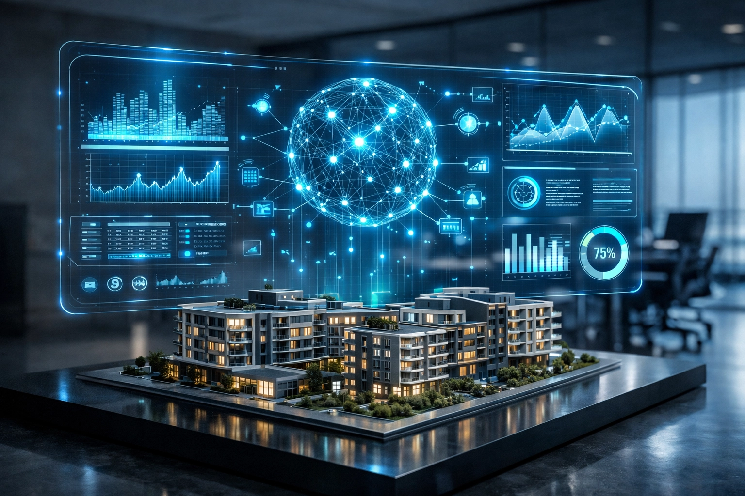 Digital dashboard over a modern apartment model representing advanced property management technology and systems.