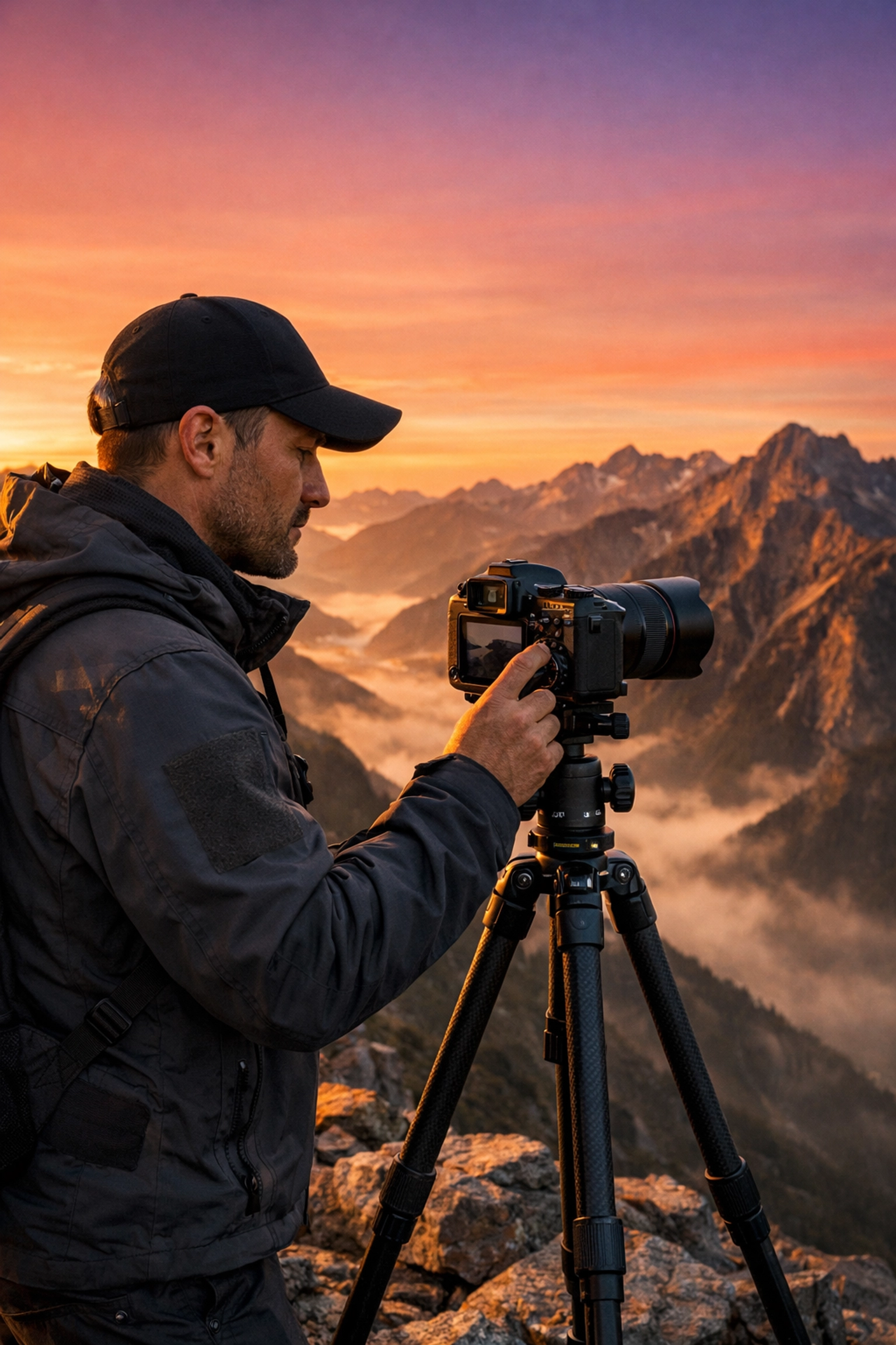 Photographer using the best mirrorless cameras on a tripod for expert landscape photography tips.