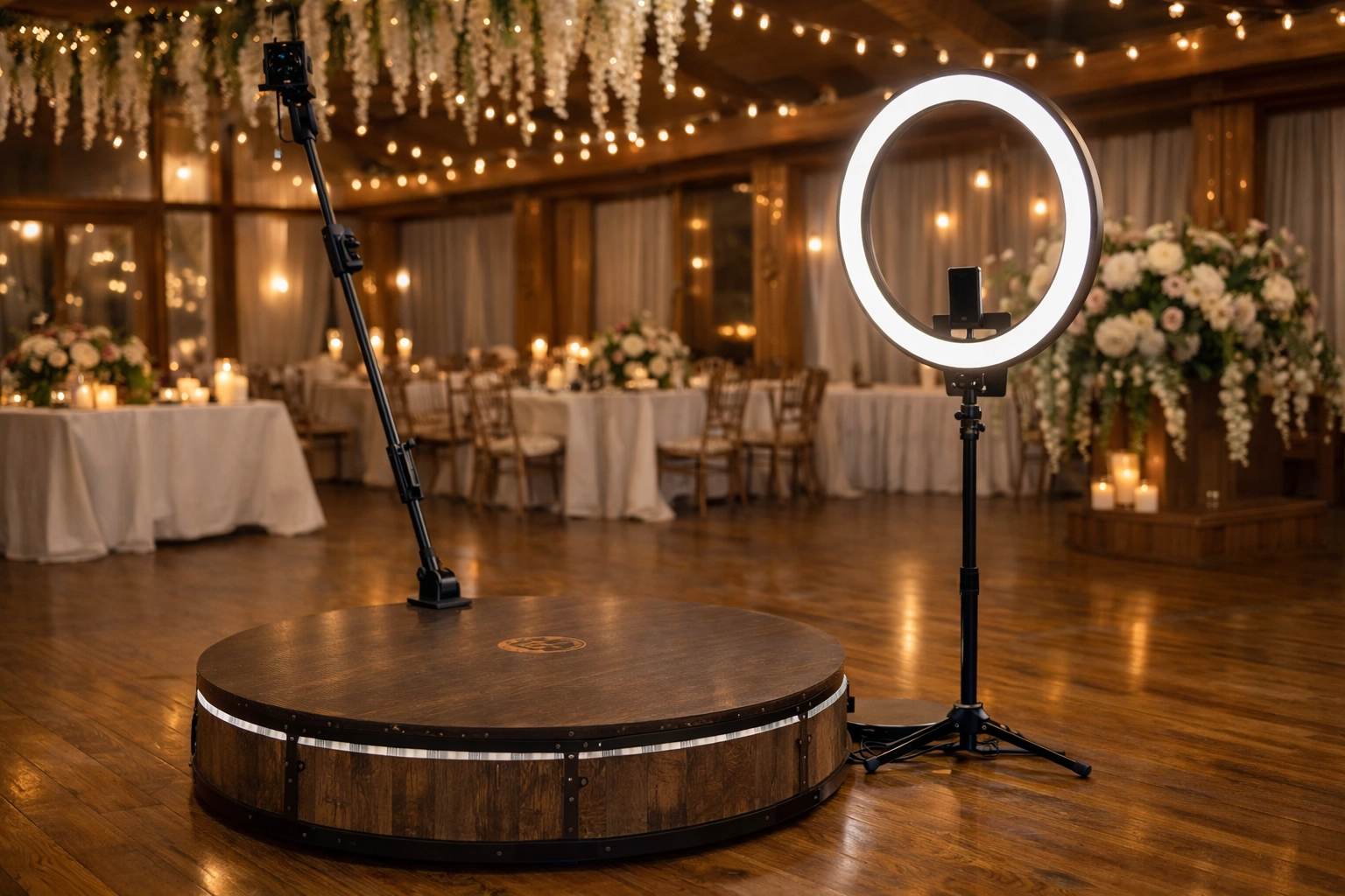 A professional wedding photo booth rental setup with a glowing ring light integrated into a warm, decorated reception.