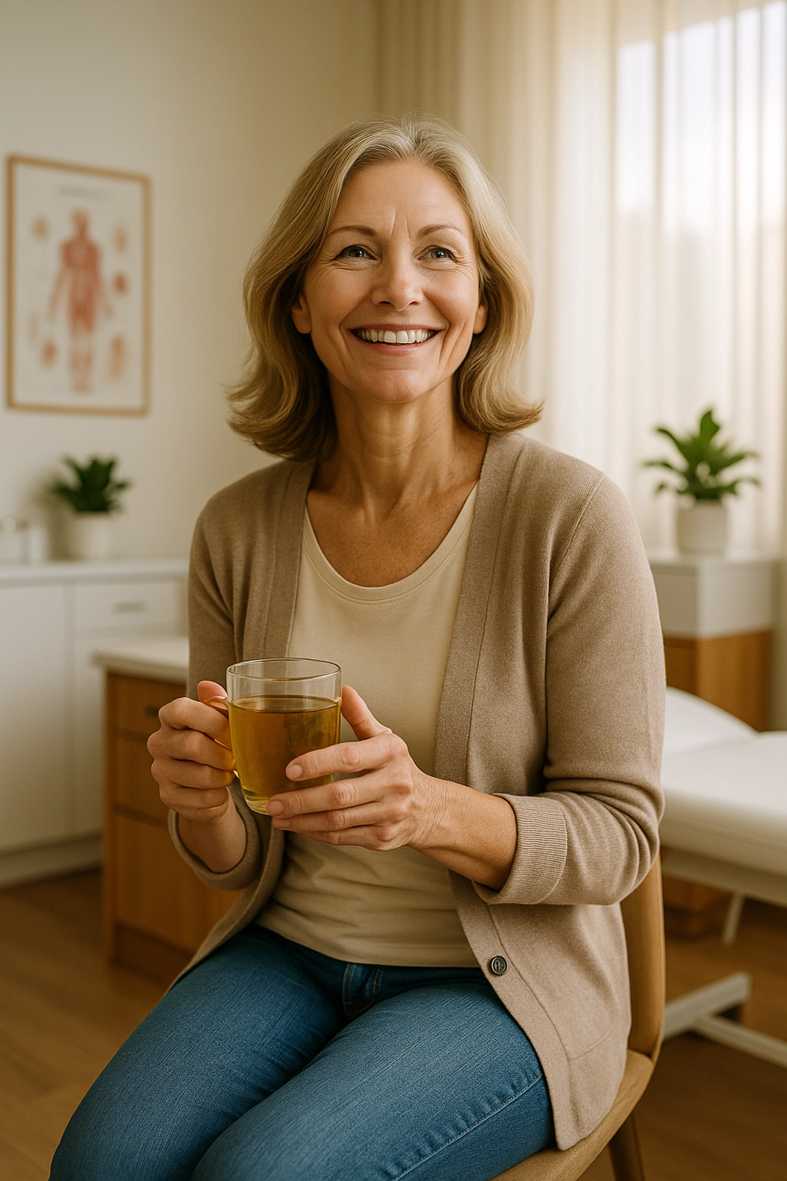 Confident woman smiling in wellness clinic, showing transformation and vitality after peptide therapy for mood