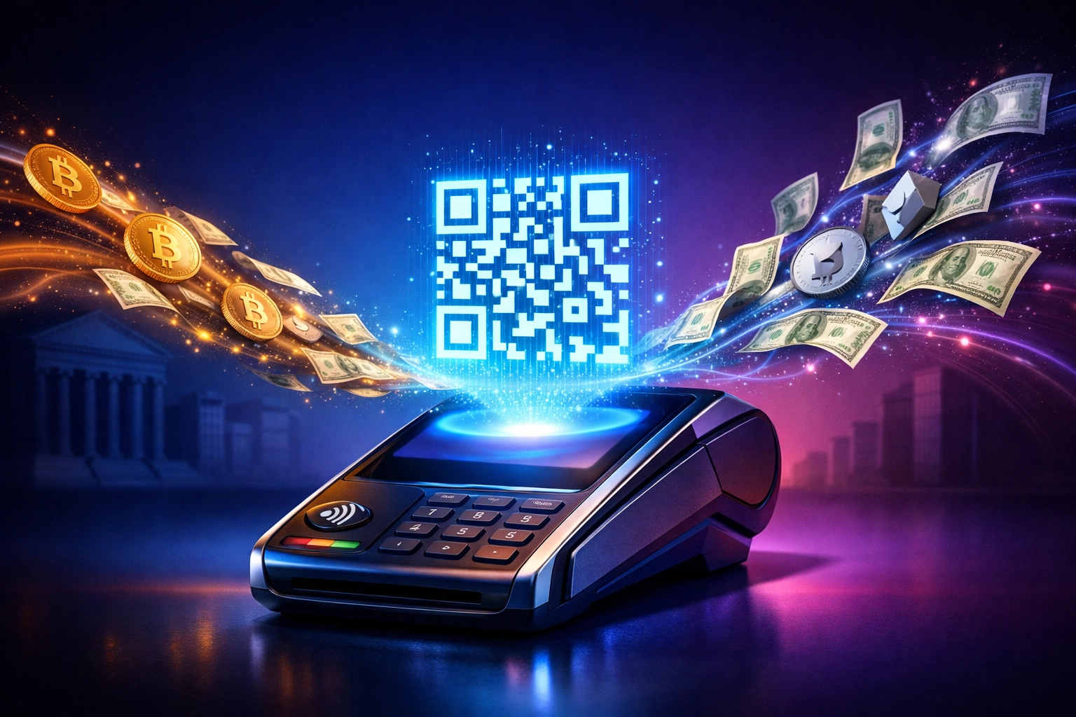 Crypto POS terminal with QR code converting cryptocurrency to dollars, bypassing traditional banks