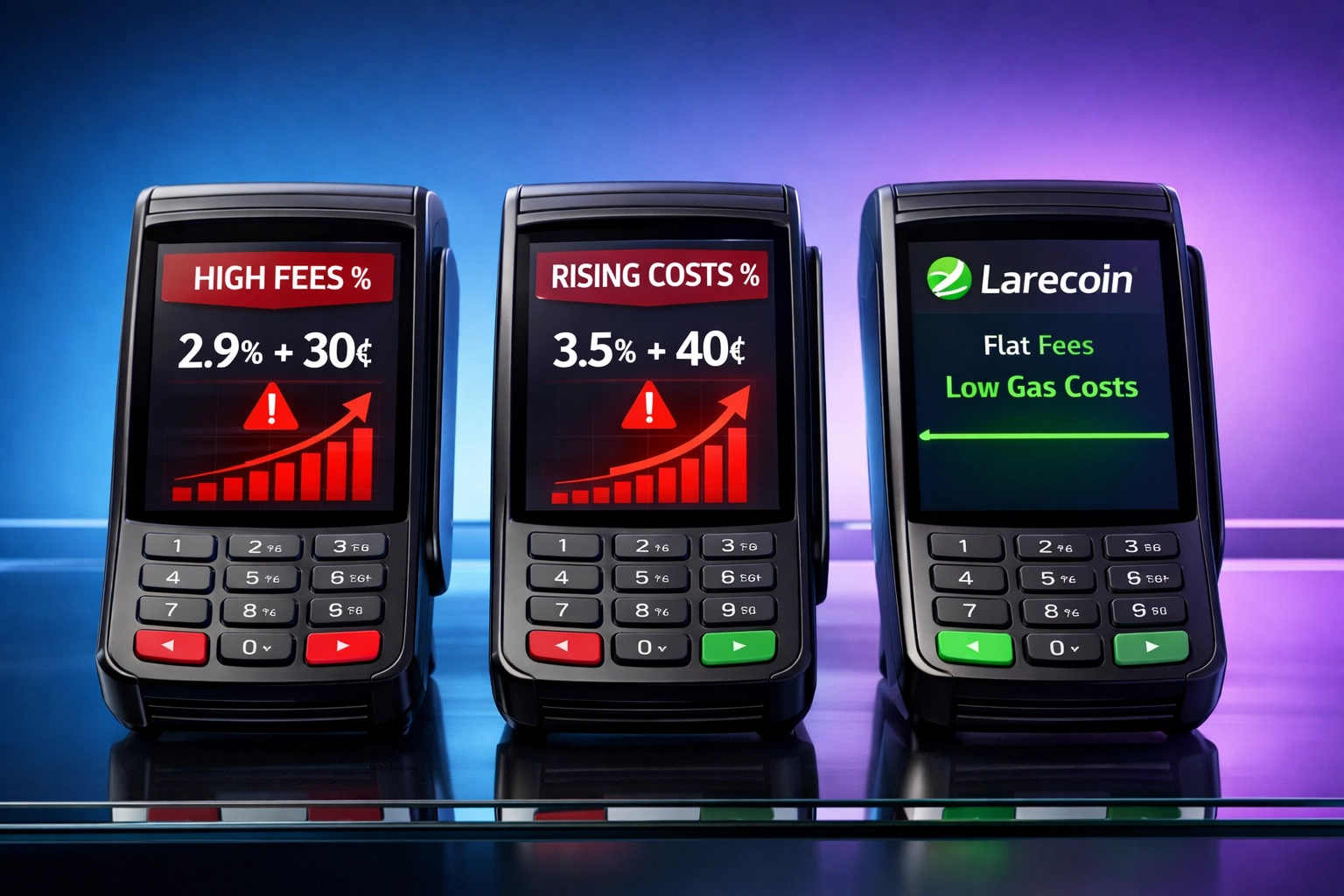 Crypto payment terminal comparison showing percentage-based fees vs gas-only Larecoin processing costs