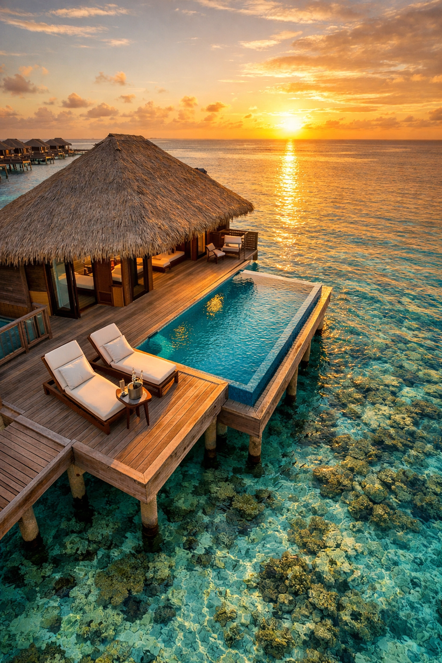 Luxury overwater bungalow honeymoon suite with private pool in tropical destination