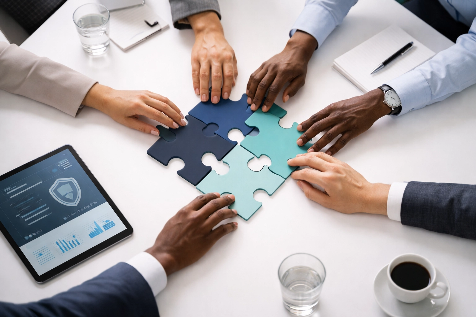 Multiple hands place navy and teal puzzle pieces on a conference table, illustrating teamwork to bridge cybersecurity gaps.
