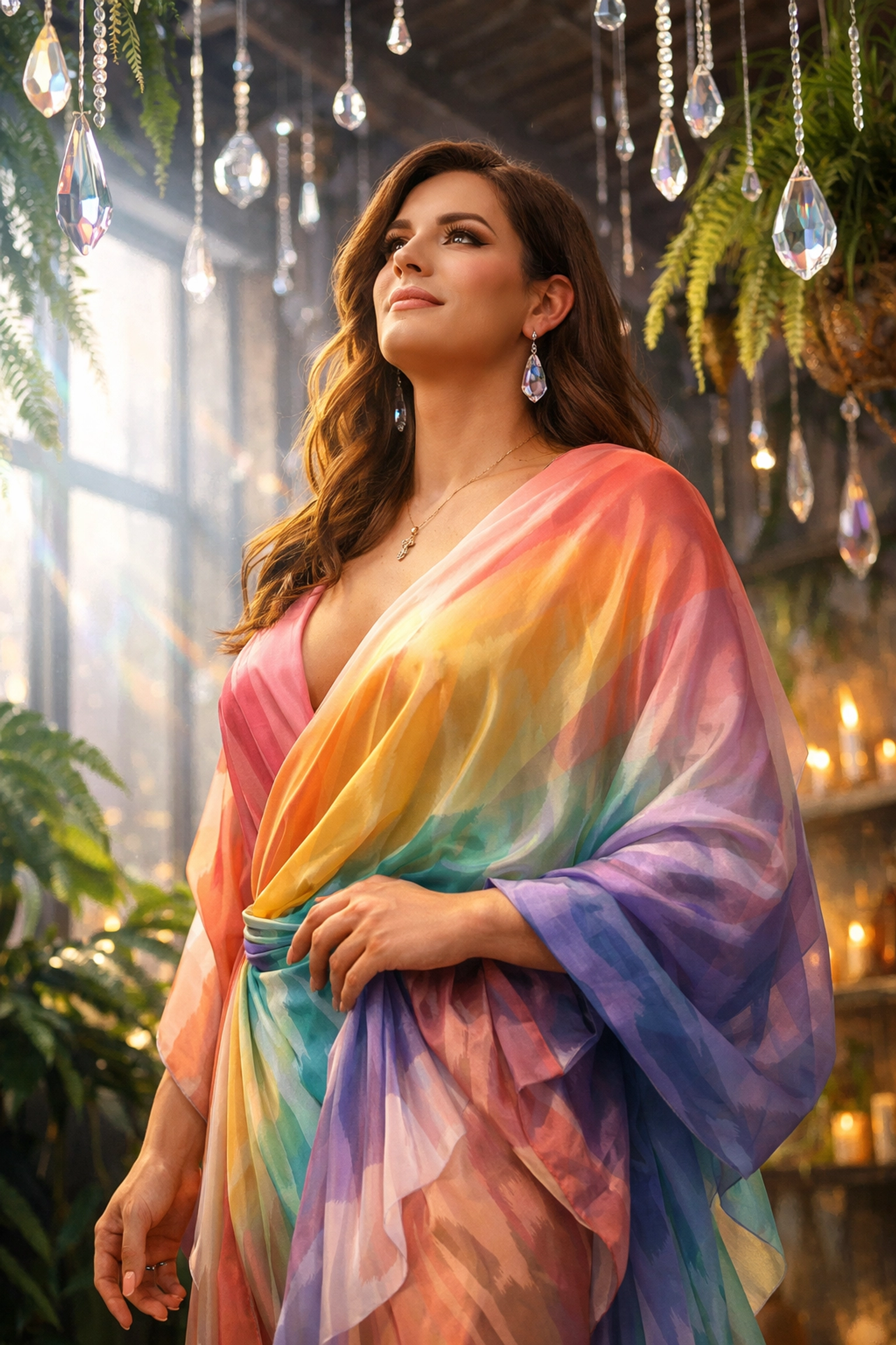 An empowered trans woman in a peaceful sanctuary, celebrating queer visibility and the sacredness of identity.