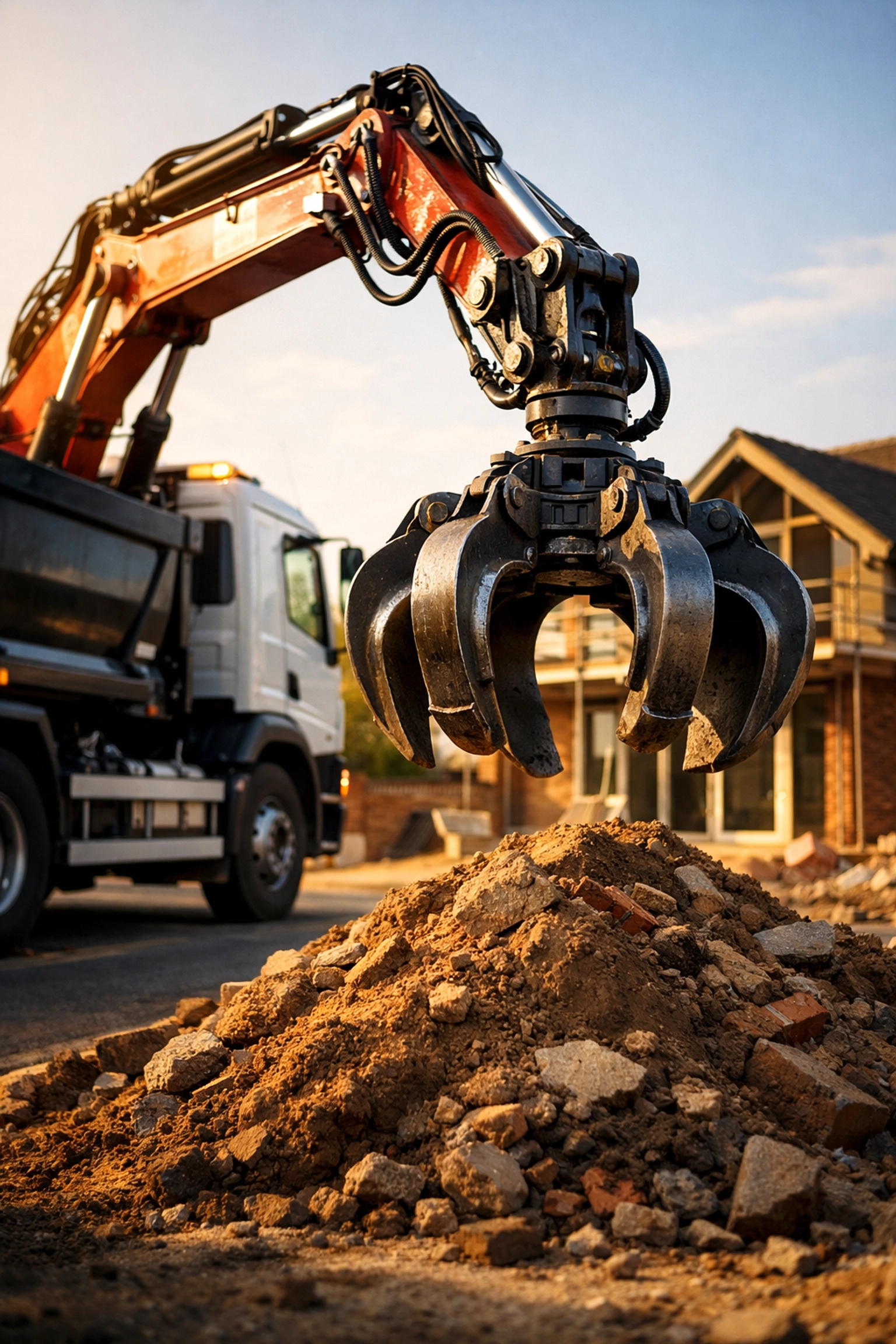 A grab lorry with a hydraulic arm clearing construction waste from a site in Chichester.