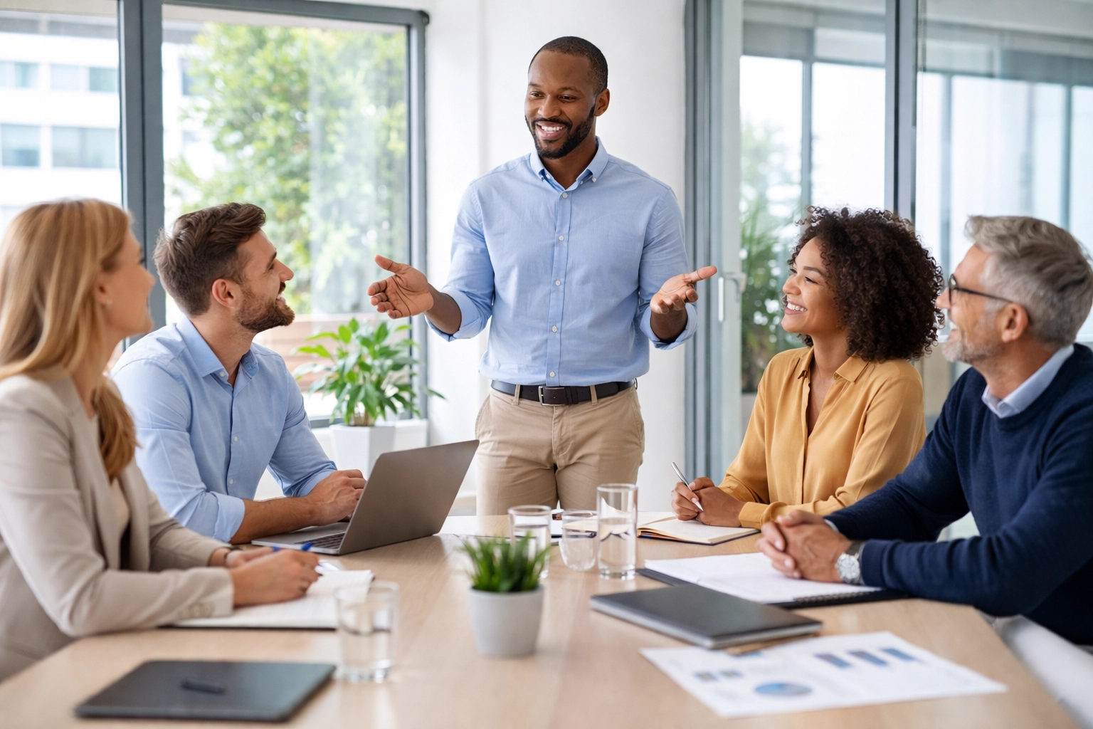 Diverse business team collaborating in a bright meeting room, illustrating effective team leadership