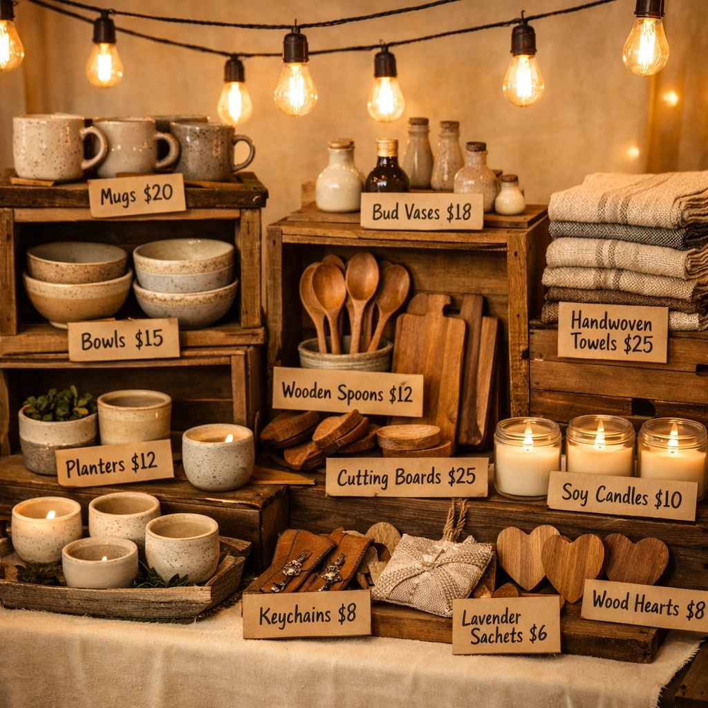 Professional craft show booth display featuring handmade items and artisan gifts