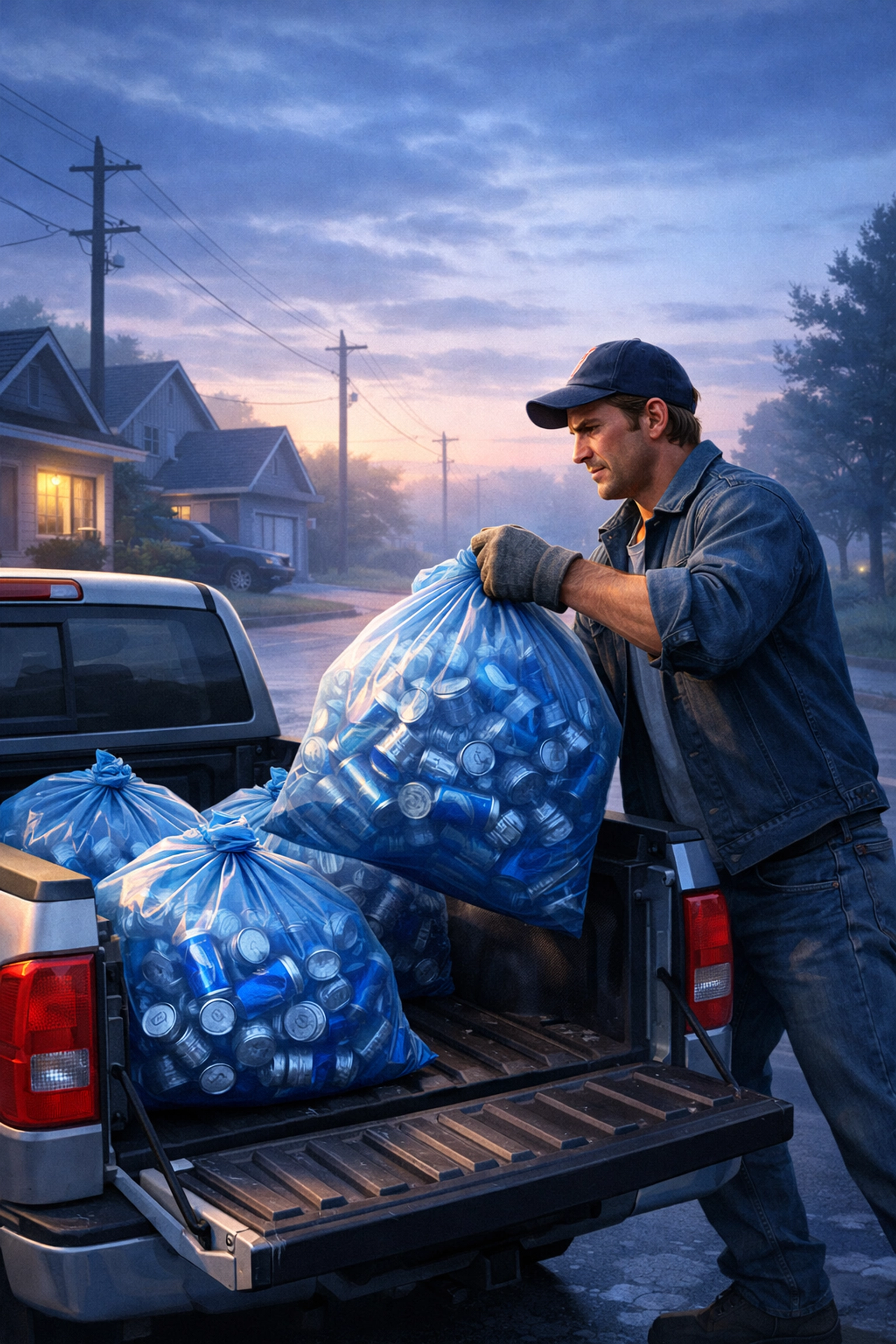 Jack Calder loading aluminum cans into pickup truck for curbside recycling collection at dawn