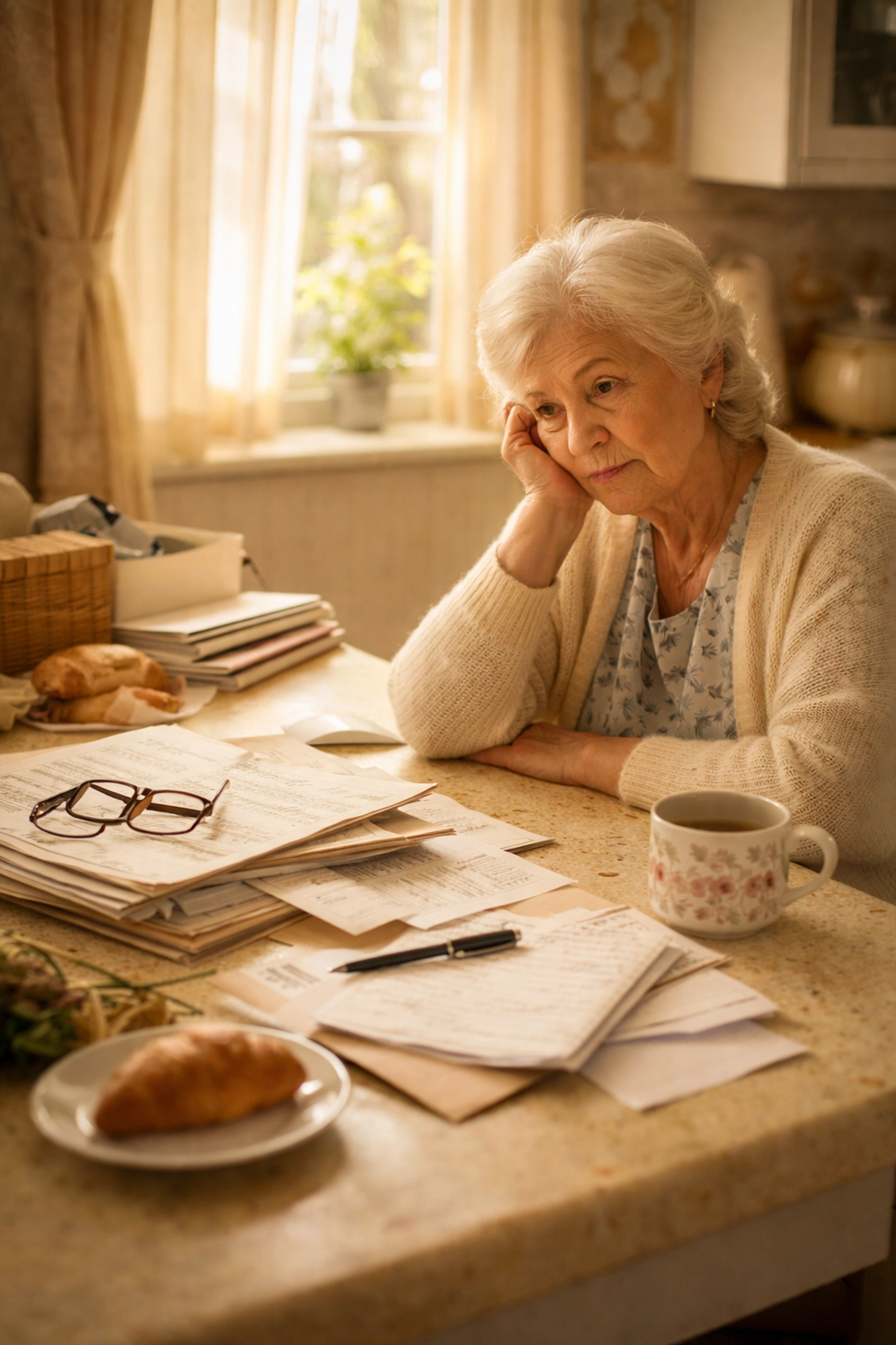 Elderly woman sitting at her cluttered kitchen table in Sarasota, overwhelmed by daily tasks and unopened mail, highlighting signs that memory care may be needed.