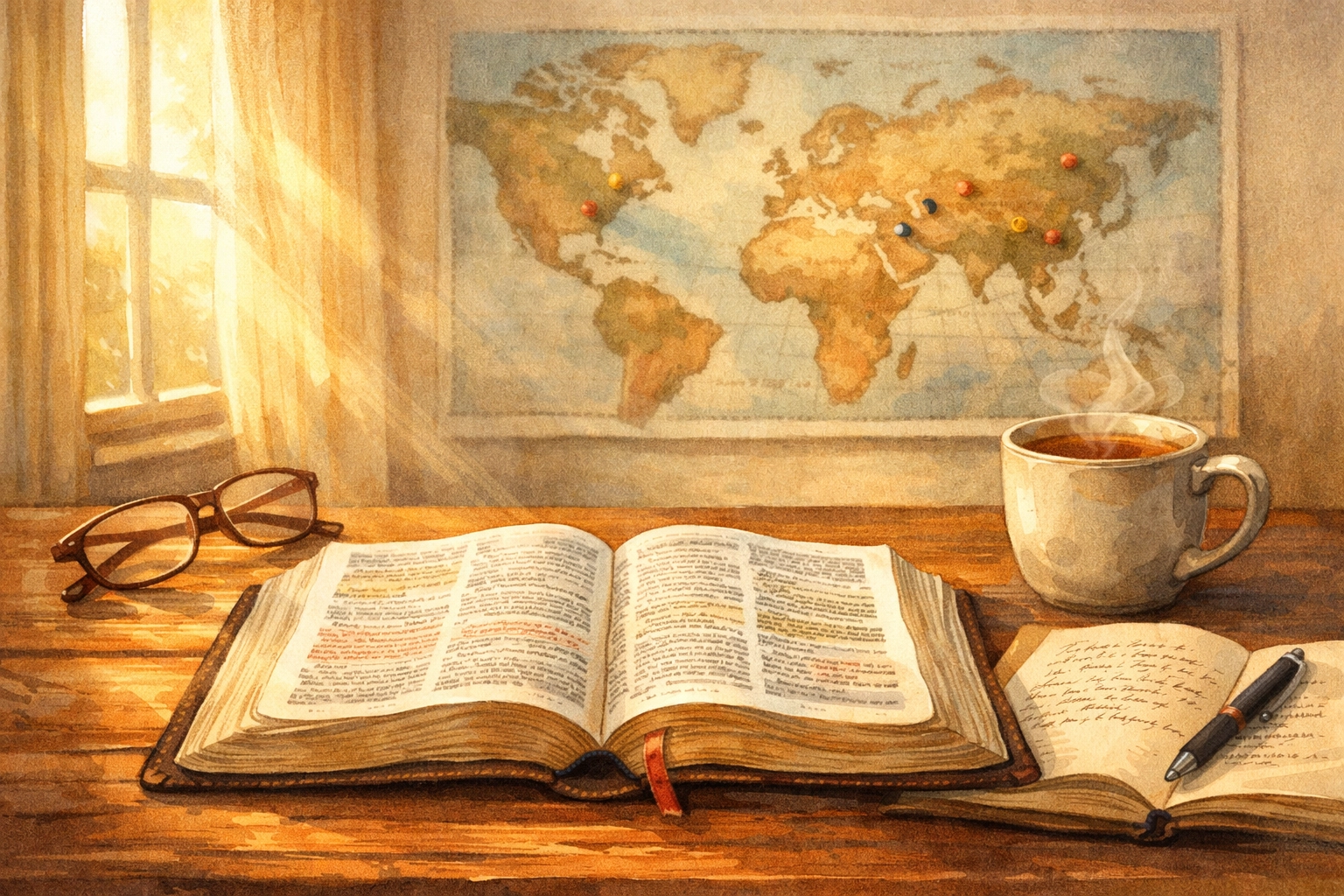 Open Bible on wooden table with journal and tea illustrating Scripture-centered perspective on news