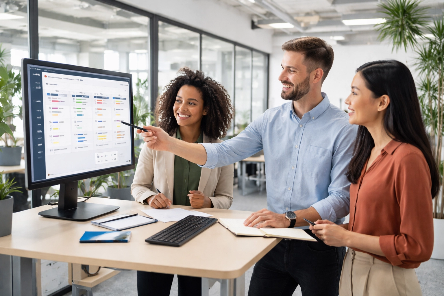 Diverse HR team using ServiceNow Yokohama triaging dashboard in a collaborative office setting